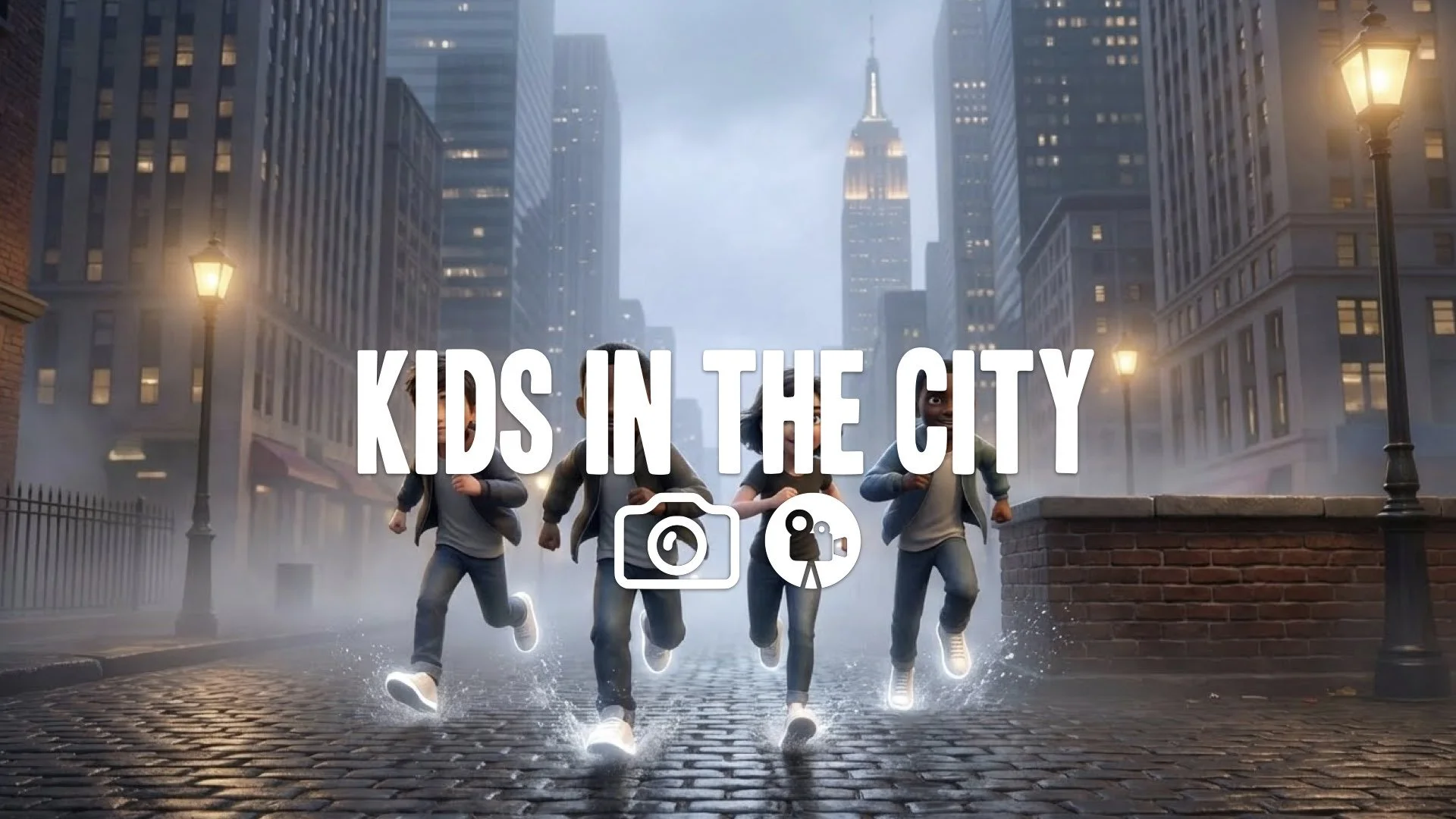 Low-angle shot of a group of children running, their white shoes brightly visible against the dark asphalt. Kinetic, no music.