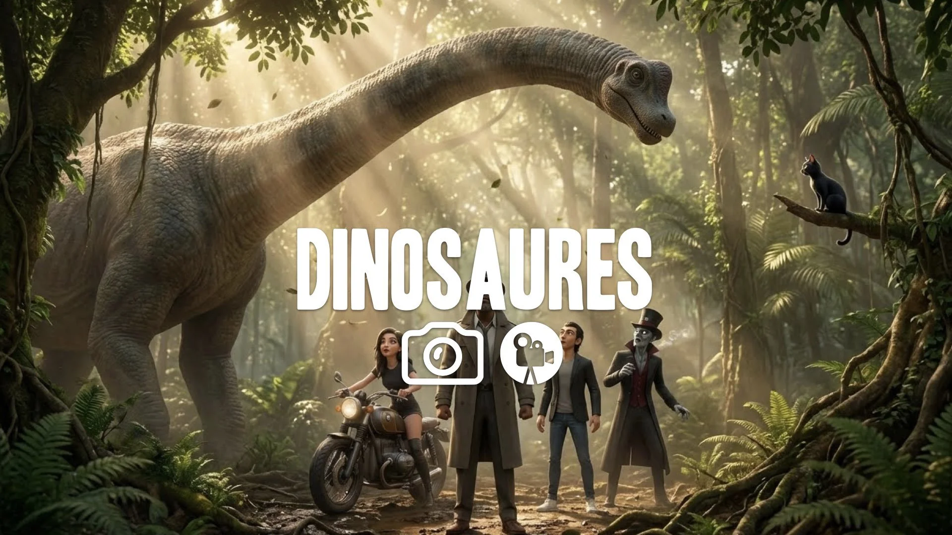  Slow-motion shot of a massive, long neck of a dinosaur reaching through a jungle canopy. Awe, natural sunlight, no music.