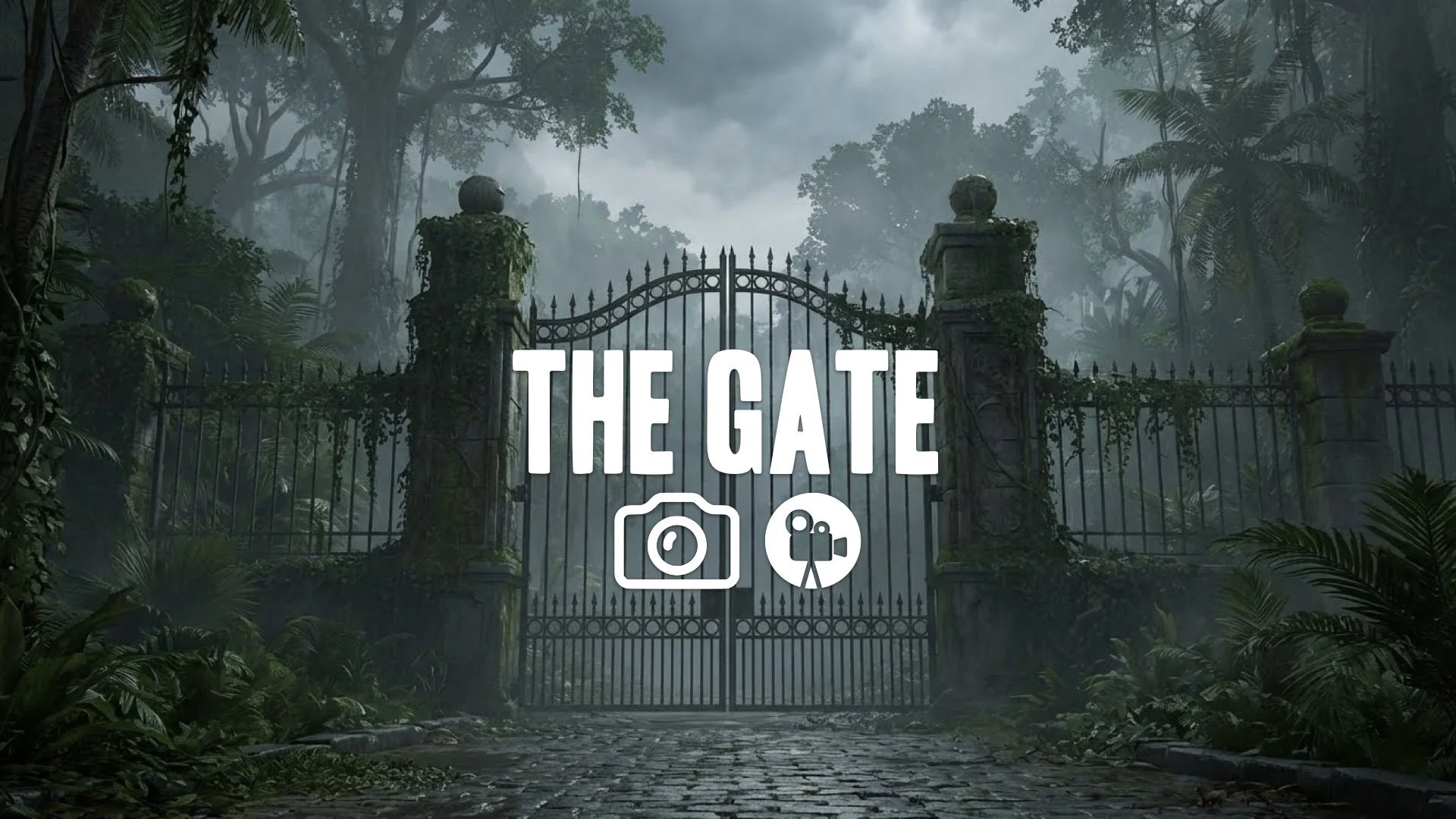 Wide, establishing shot of the park's iconic gates standing tall and imposing against the dense jungle. Epic scale, no music.
