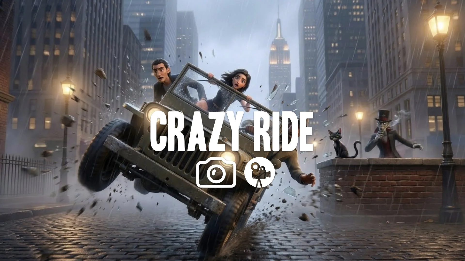 POV shot of a small jeep being suddenly tipped over, the camera angle violently shifts. Chaos, rainy night, no music.