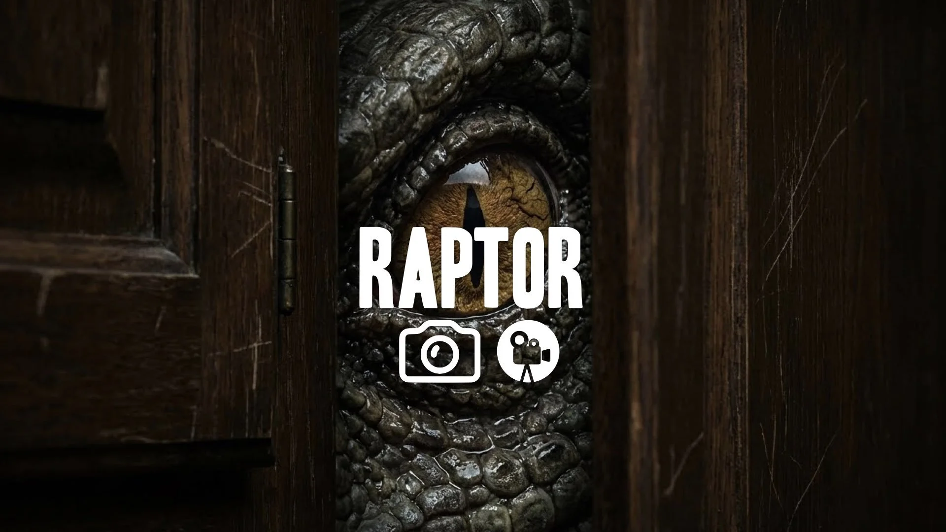 Extreme close-up of a hungry raptor's focused eye peering through a narrow gap in a kitchen cabinet. Horror, sharp focus, no music.