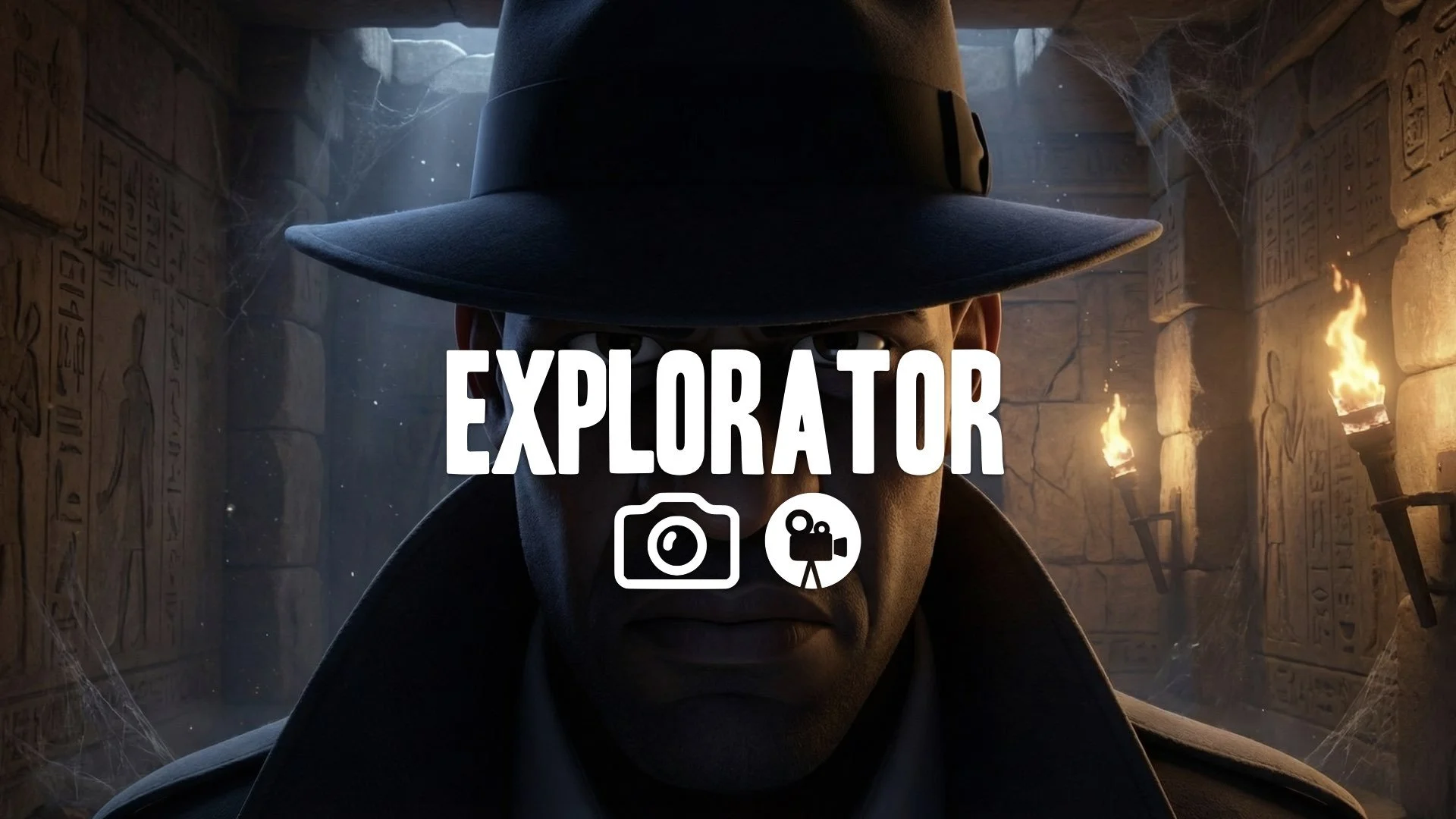 Low-angle close-up of a fedora brim, casting a shadow over a determined face in a dimly lit tomb. Mysterious, no music.