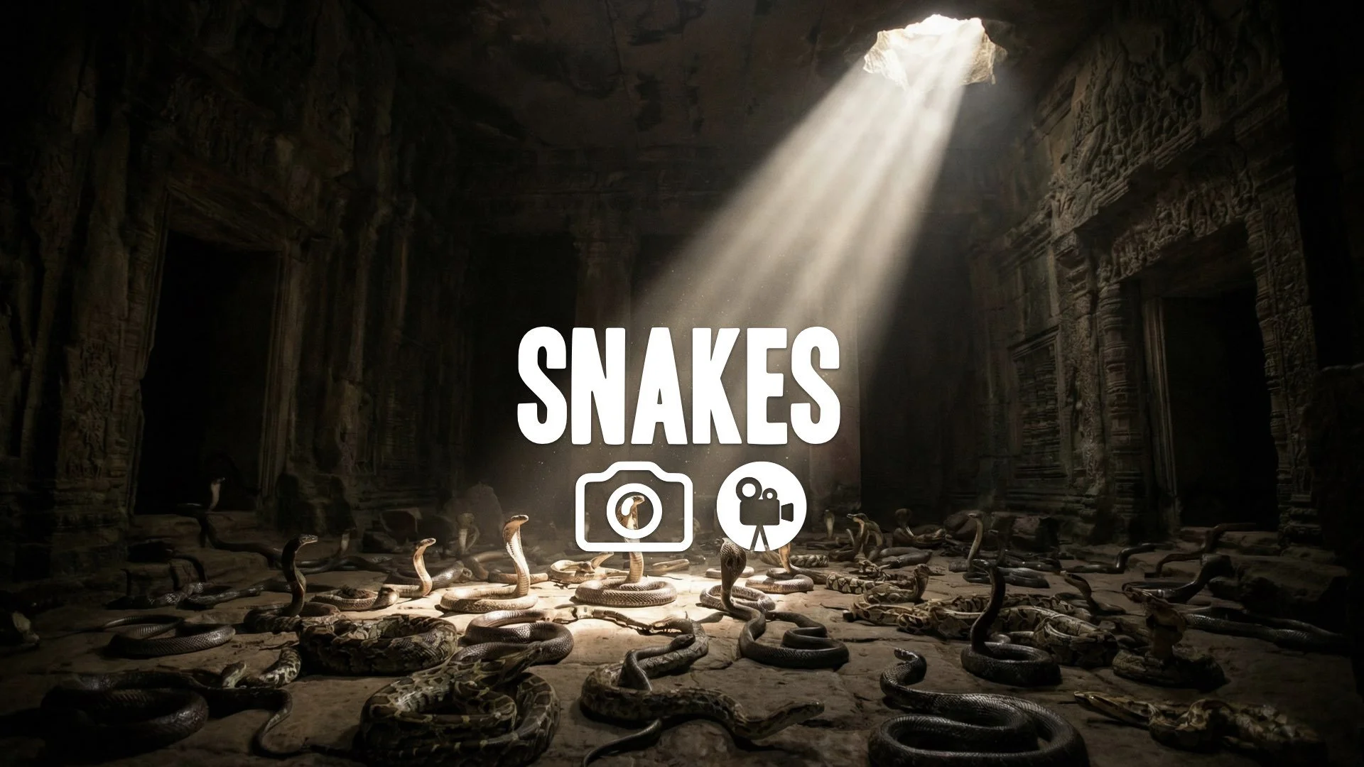 Wide shot of light piercing a dark, dusty chamber, illuminating hundreds of coiled snakes on the ground. Dread, single beam light, no music.