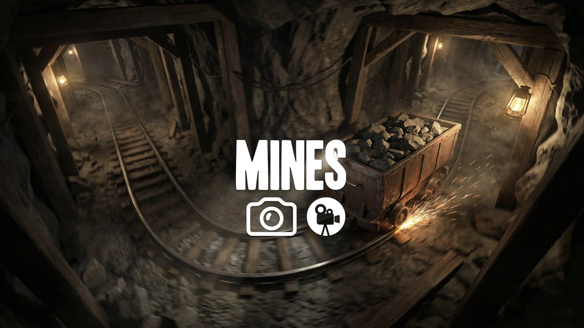 High-angle crane shot looking down at a runaway mine cart speeding through dark, twisting tunnels. Kinetic movement, no music.