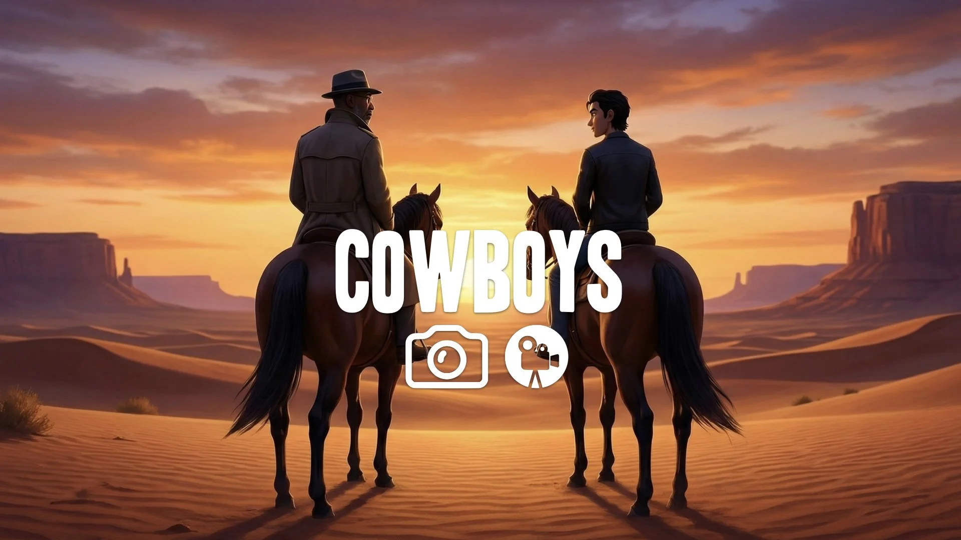 Symmetrical two-shot of a father and son riding horses into a sunset across a vast, beautiful desert landscape. Classic cinema, no music.