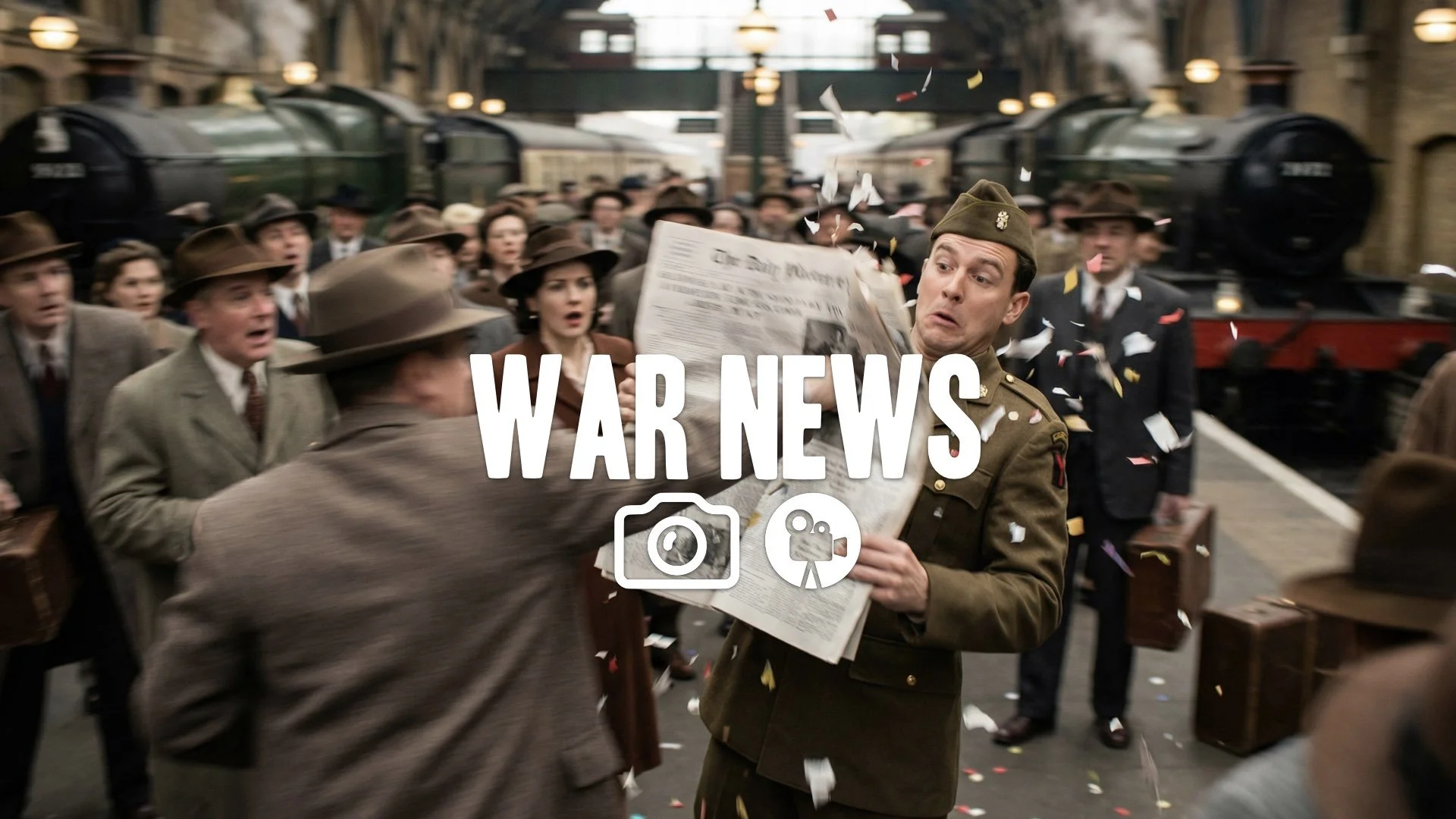 Quick whip pan shot of a soldier being punched through a newspaper in a train station crowd. Fast action, slapstick tone, no music.