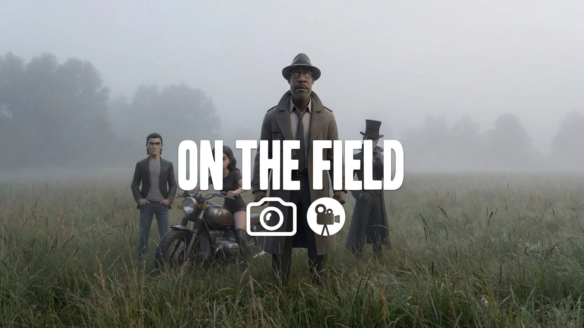 Wide shot of soldiers standing silently in a field of tall European grass, fog hangs heavy. Somber, soft light, no music.