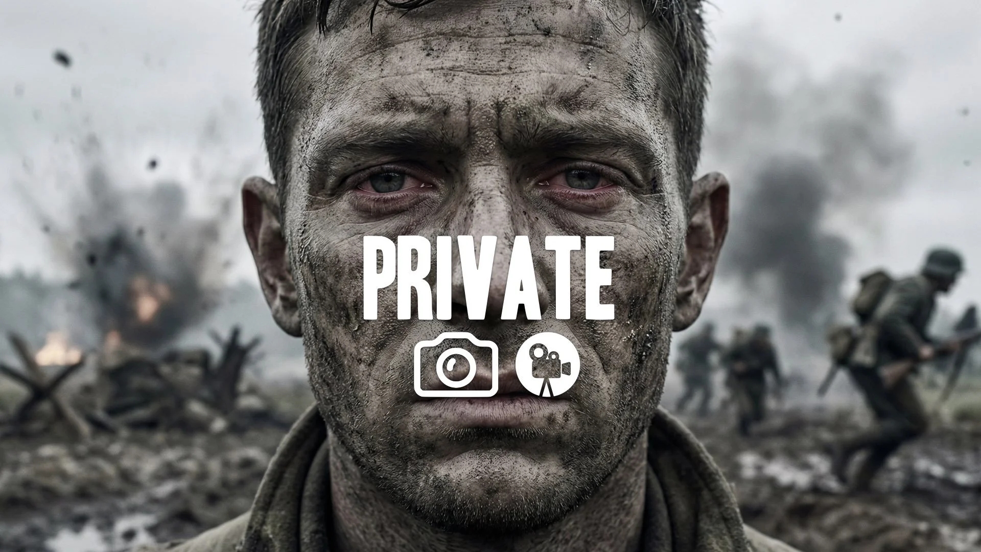 Close-up, desaturated shot of a soldier's exhausted, mud-covered face amidst the battlefield chaos. Gritty realism, no music.