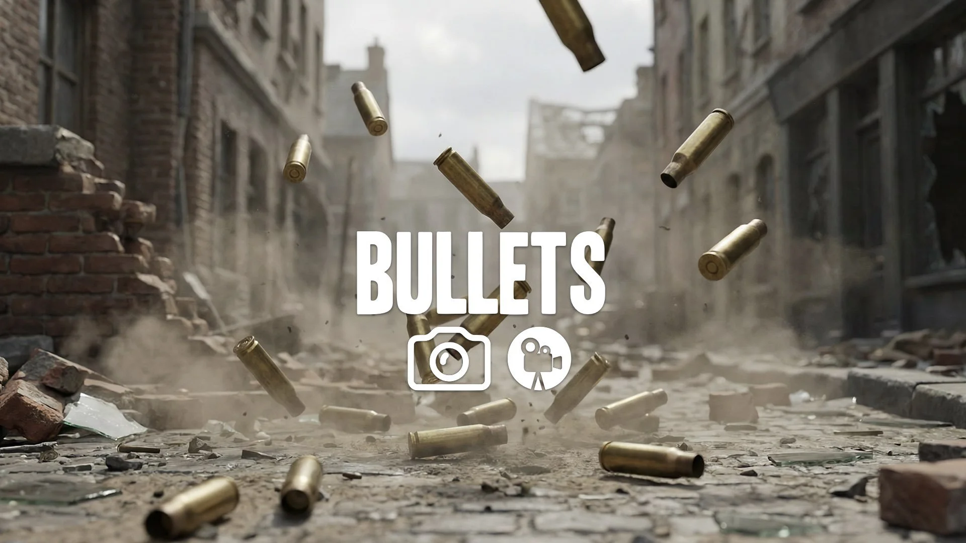 Slow-motion shot of spent shell casings falling to the ground in a dusty, ruined town street. Detailed action, no music.