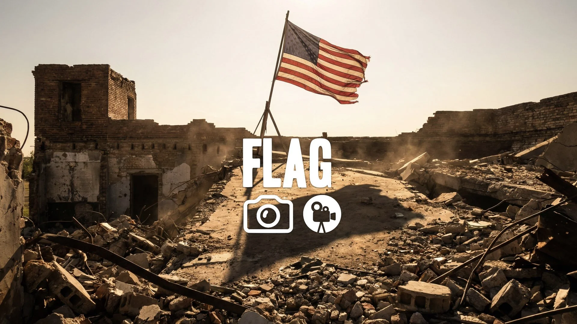 Low-angle shot of a lone American flag flying over a ruined building, casting a long shadow on the rubble. Patriotic, no music.