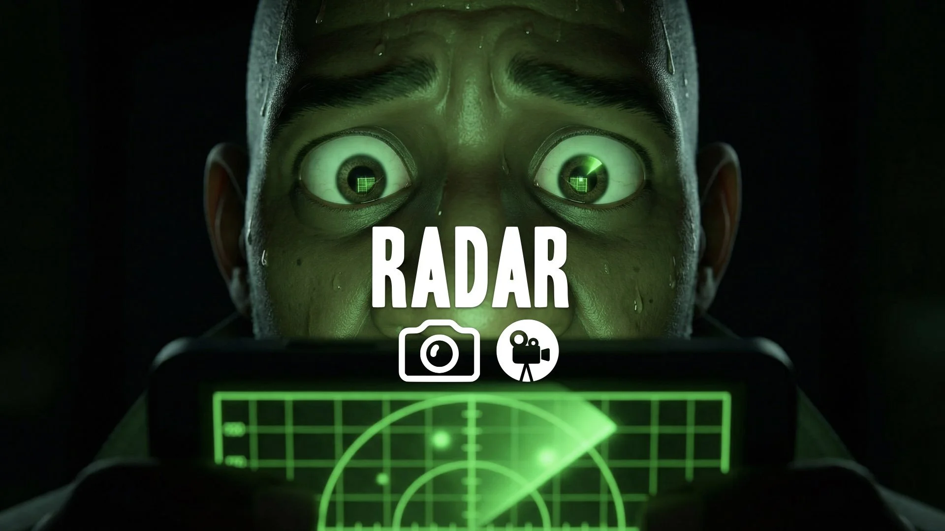 Extreme close-up of a terrified face, illuminated only by the frantic green light of a motion tracker screen. Dread, no music.