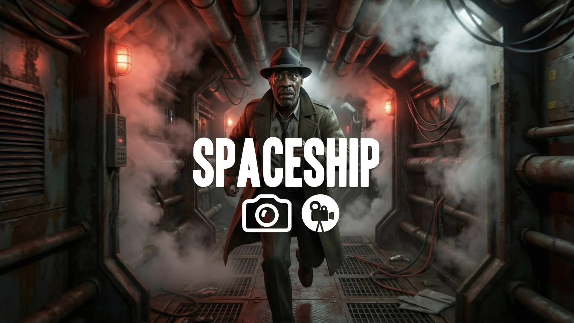 Handheld tracking shot of a character running through narrow, steam-filled, dark corridors of the spaceship. Claustrophobia, no music.