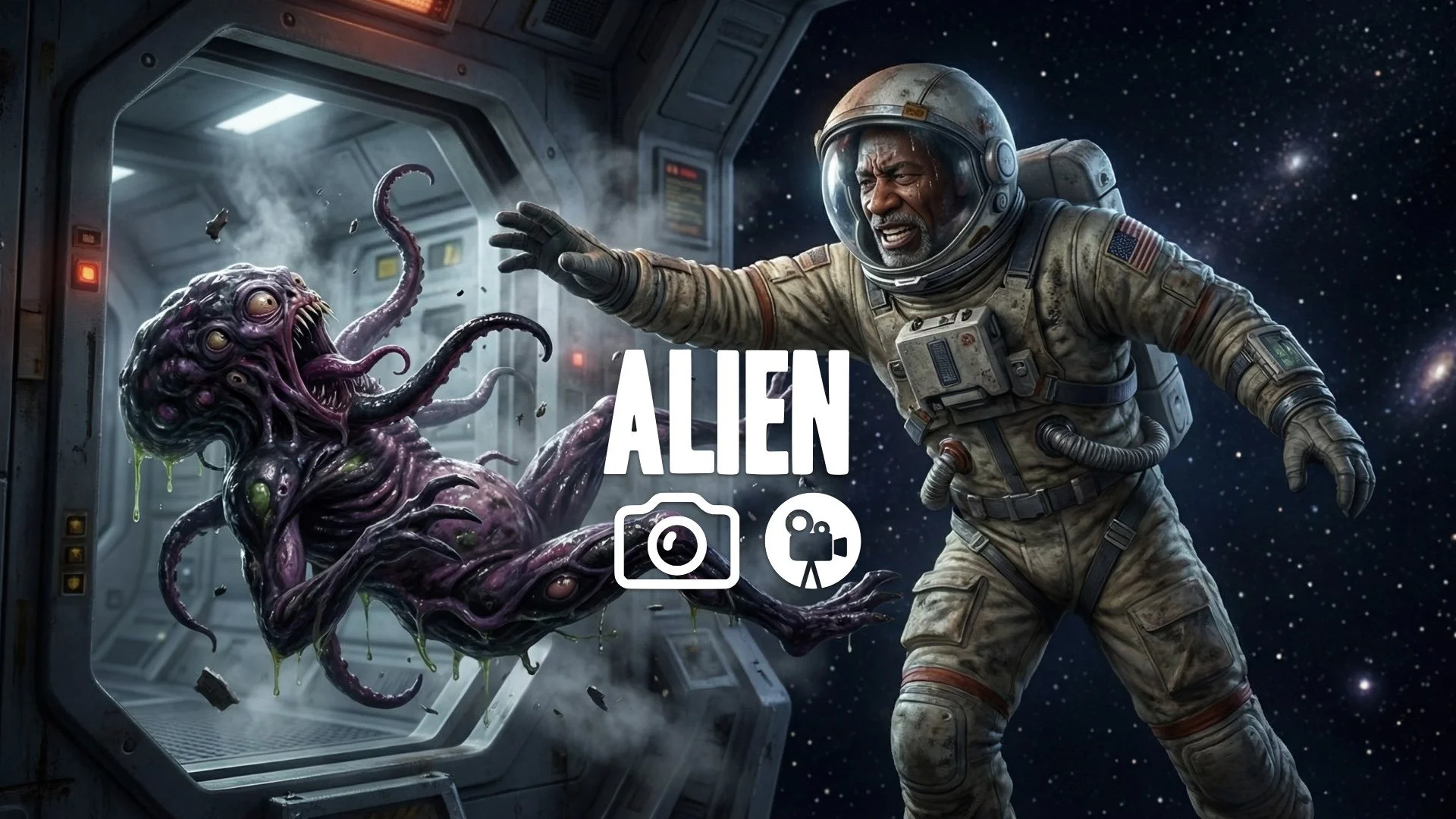 Slow-motion shot of the main character launching an alien creature out of a ship's airlock into deep space. Exhausted triumph, no music.