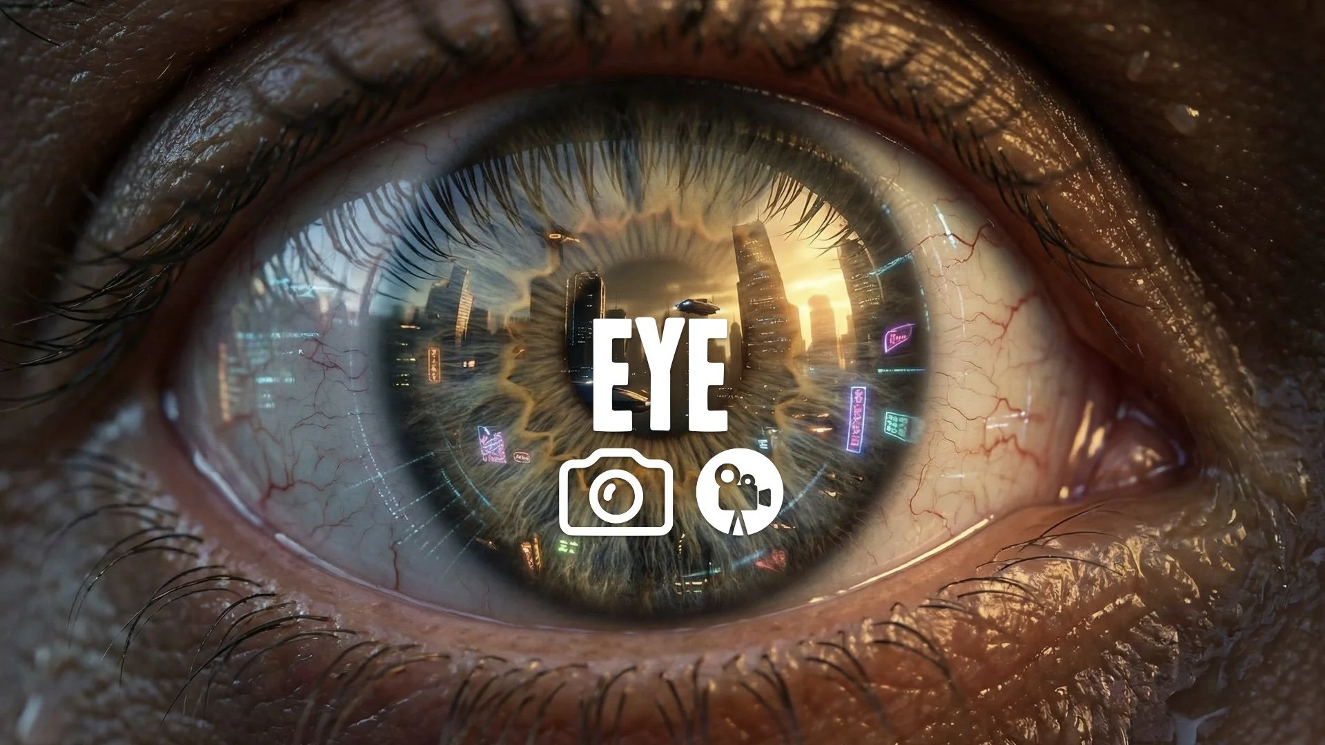 Extreme close-up of a character's eye, with subtle light reflections of the dystopian city moving across the iris. Sci-fi detail, no music.
