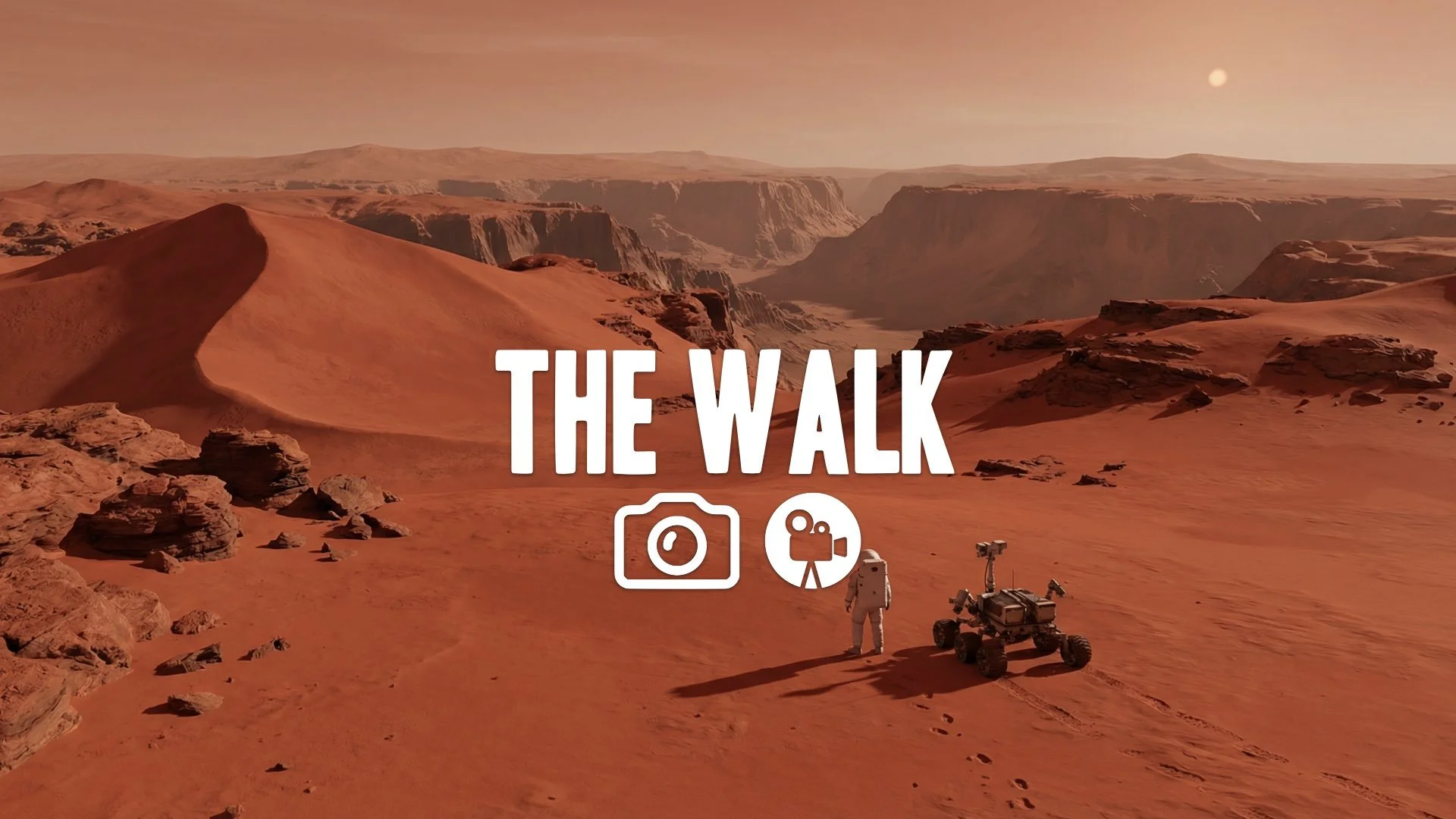 Extreme wide shot of a lone astronaut standing next to a small rover on the massive, red Martian desert. Isolation, no music.