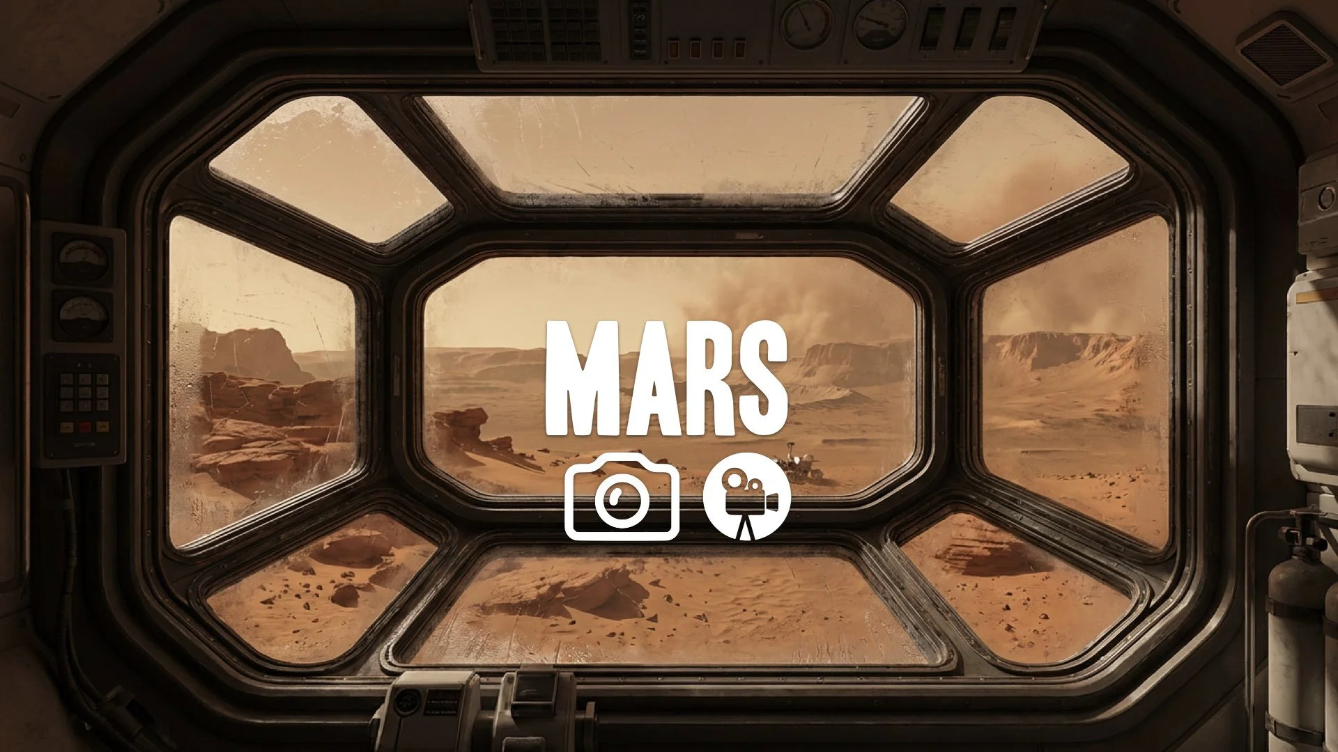 POV shot from inside a pressurized habitat looking out at the vast, desolate landscape of Mars. Sci-fi realism, no music.