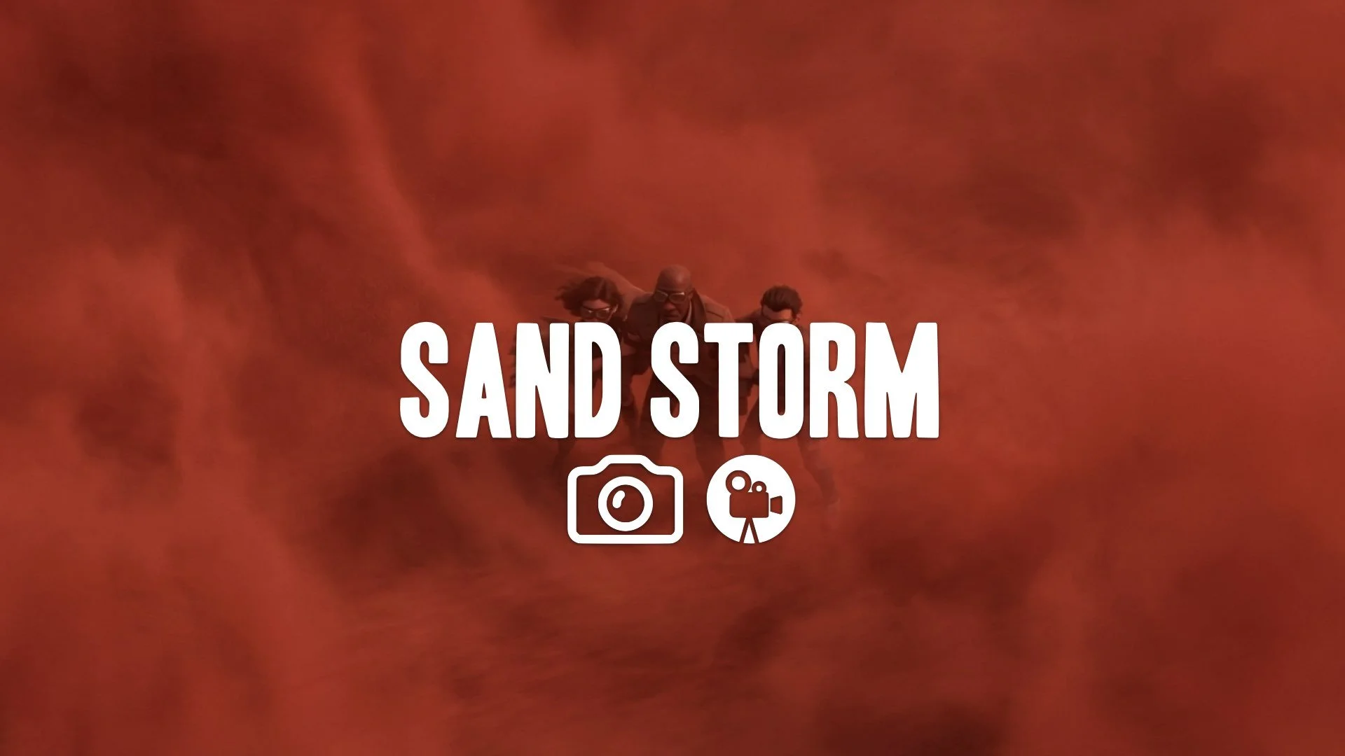 High-angle shot of a character struggling to walk in a massive dust storm, their shape obscured by red haze. Survival, low visibility, no music.