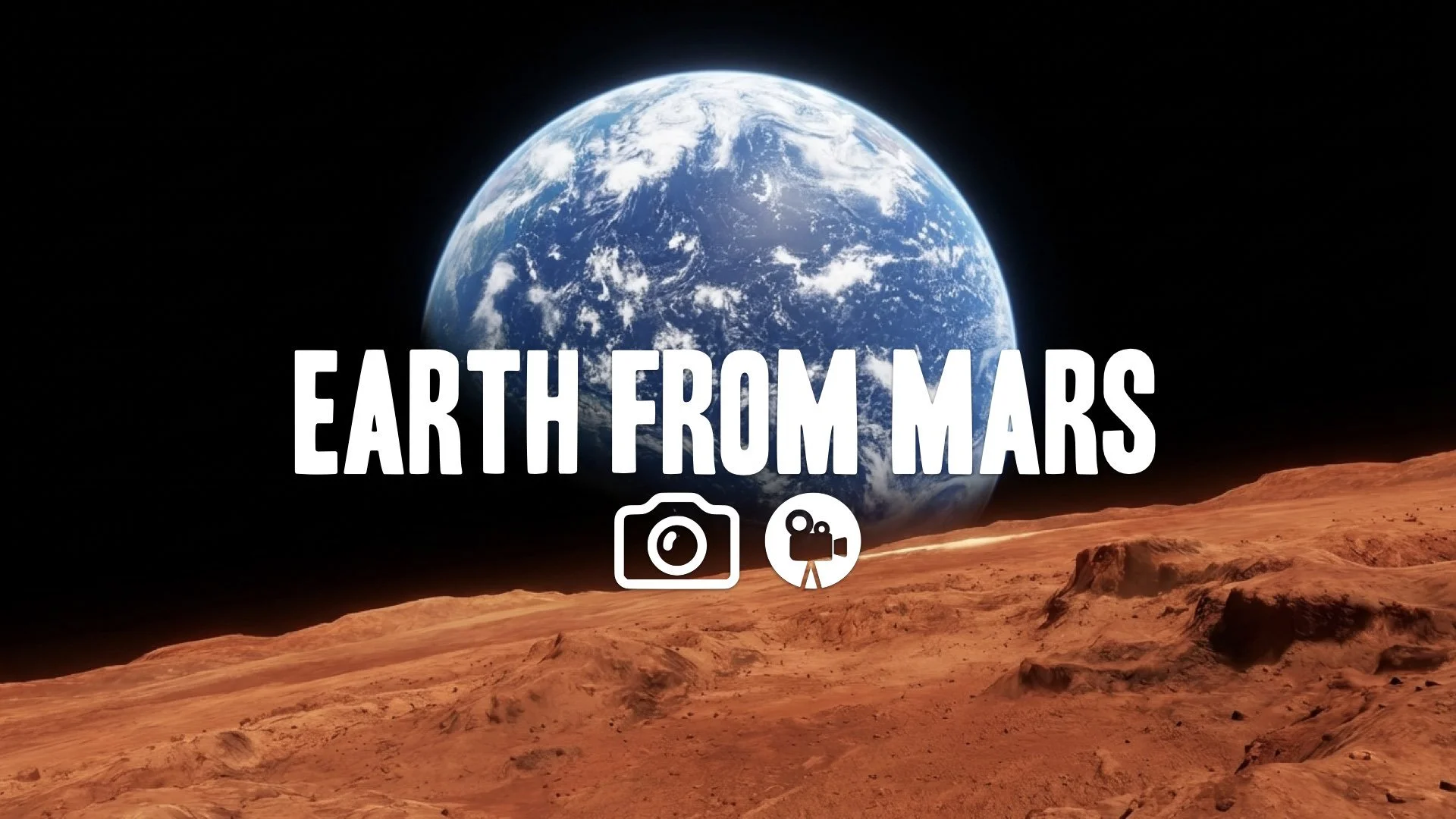 Shot of Earth seen from space, a beautiful blue marble, contrasted with the red dirt of the planet's surface. Awe, distant hope, no music.