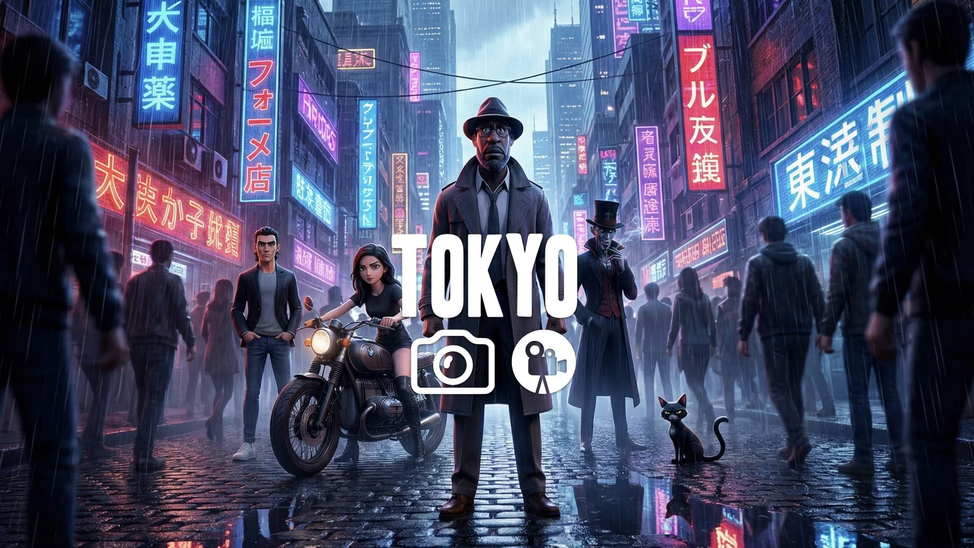 Low-angle Dutch angle of neon-lit, crowded future street, rain reflecting the harsh light. Dystopian noir, high contrast, no music.