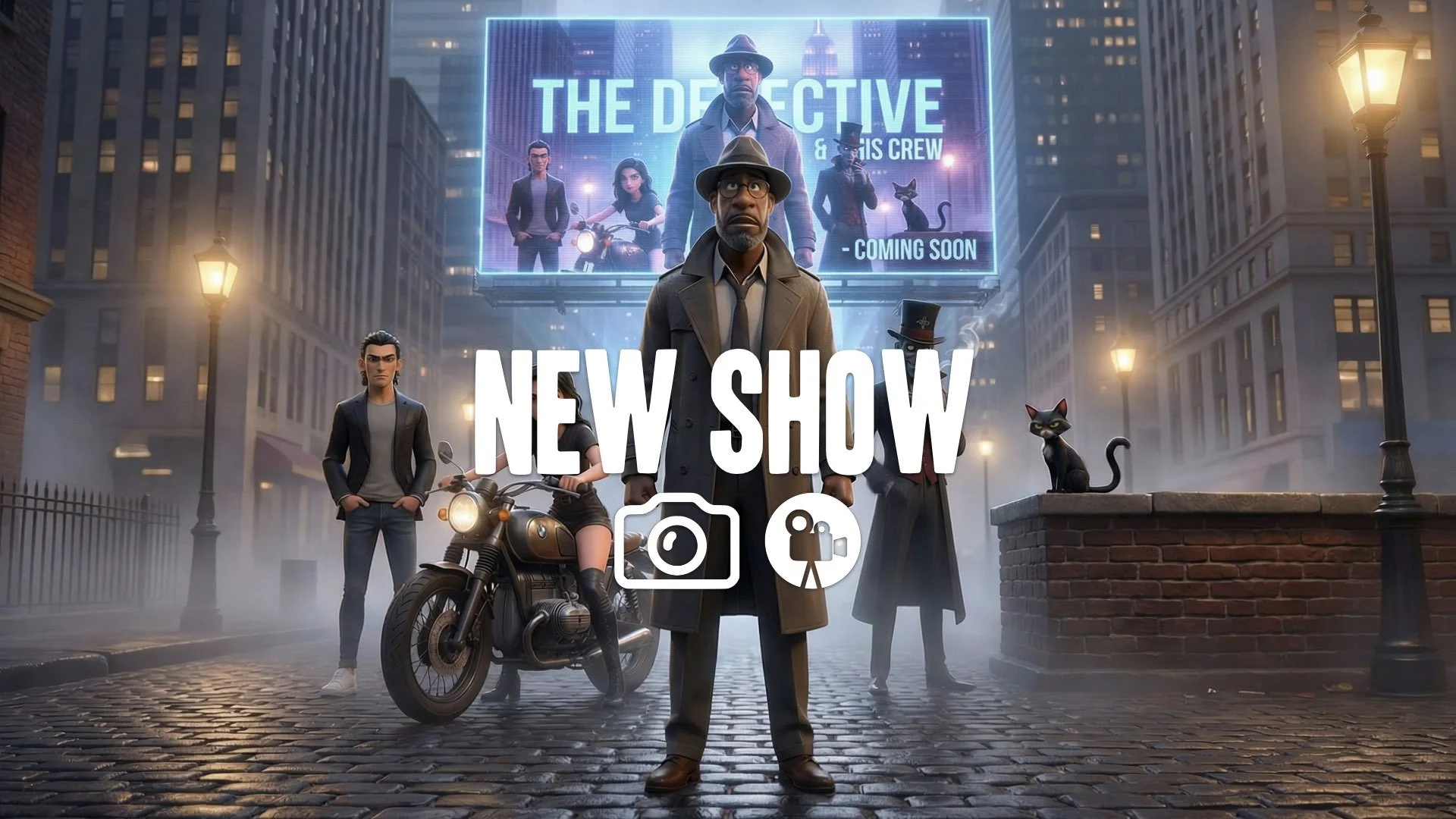 Wide shot of a giant holographic billboard advertising, juxtaposed with a lonely, gritty street scene below. Monumental, no music.