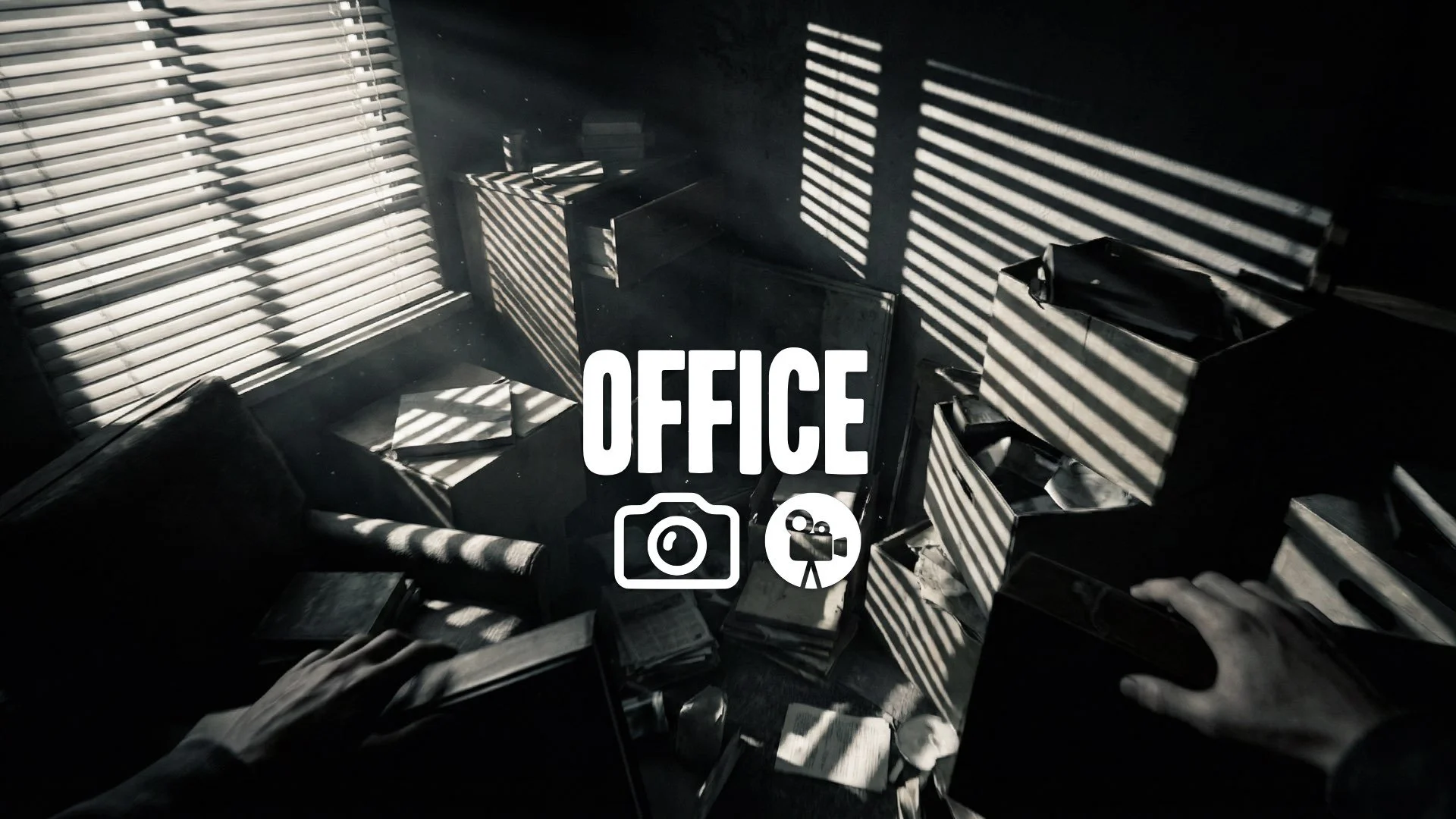 Handheld POV running through a cluttered, dark apartment, Venetian blinds cutting light into sharp strips. Noir aesthetic, no music.