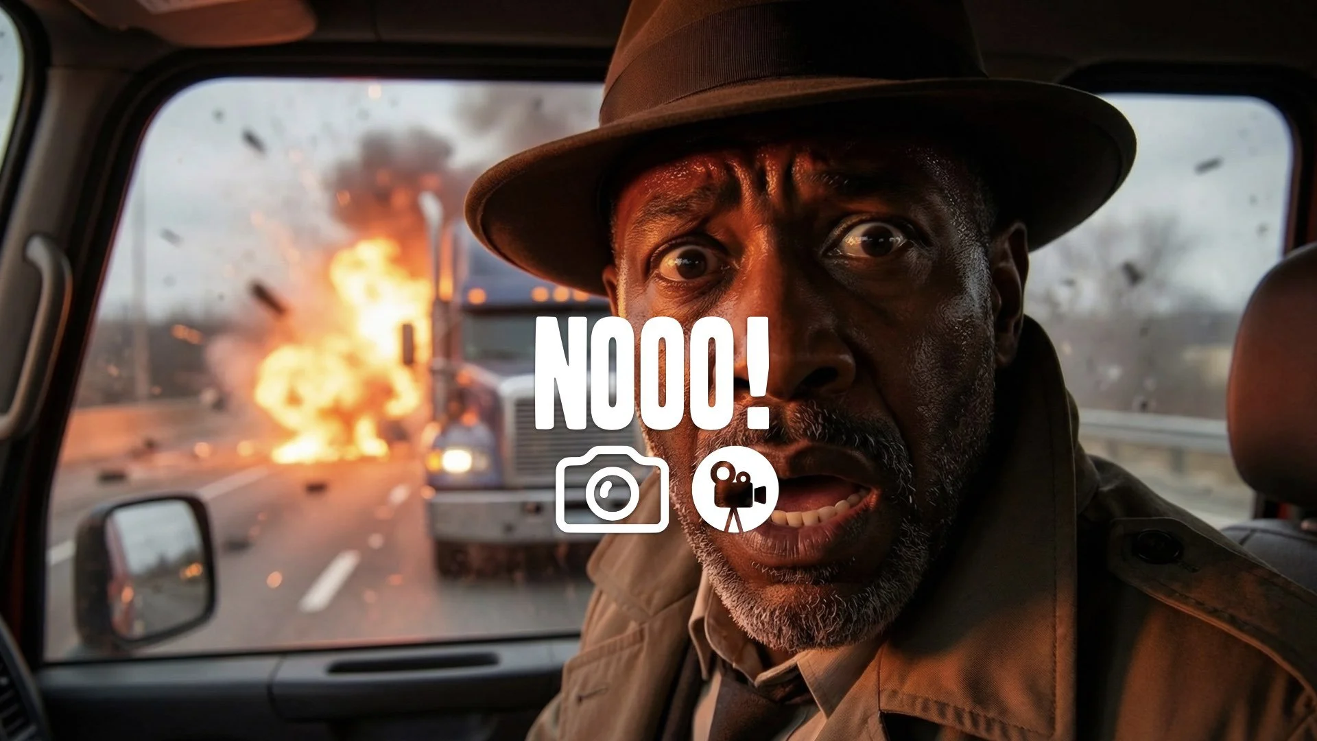 Dramatic close-up of a truck driver's face reacting to a sudden, explosive confrontation on the highway. Shock, quick cut, no music.