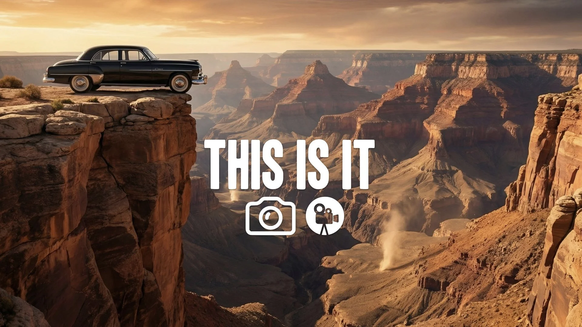 Iconic wide shot of the car paused on the edge of a vast canyon cliff before the final jump. Monumental landscape, no music.