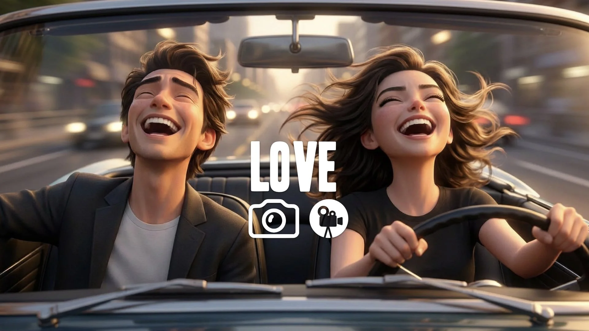 Low-angle two-shot of the two friends laughing in the car, hair blowing wildly in the wind. Liberation, cinematic movement, no music.