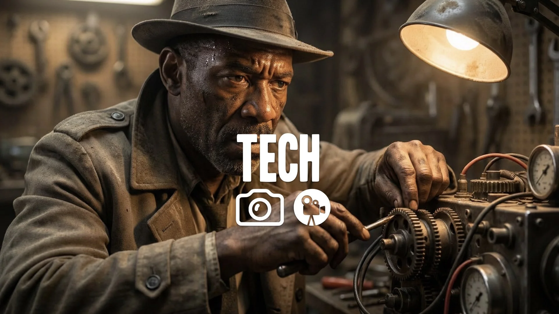 Close-up of a character's determined face, covered in dust, working on a complex piece of equipment. Resourceful, high effort, no music.