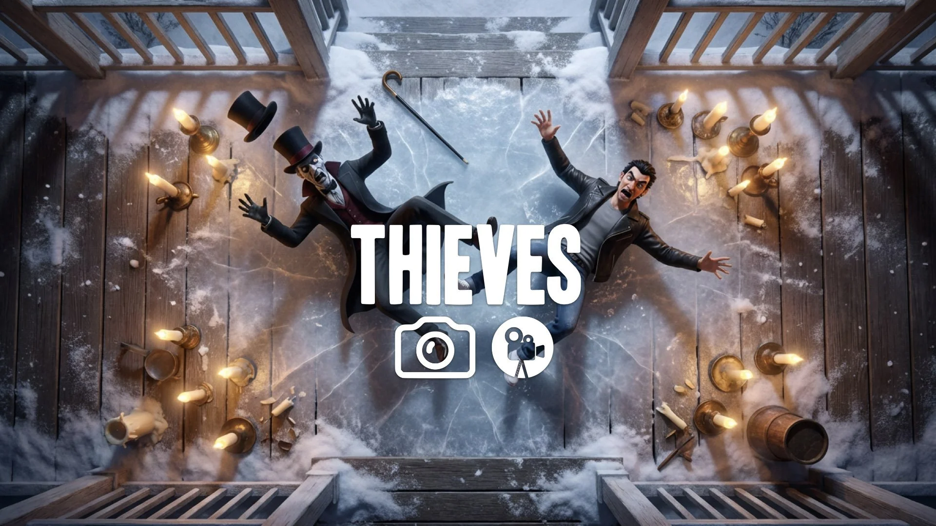 Overhead shot looking straight down on a pair of clumsy villains slipping violently on an icy, candlelit porch. Quick action, no music.