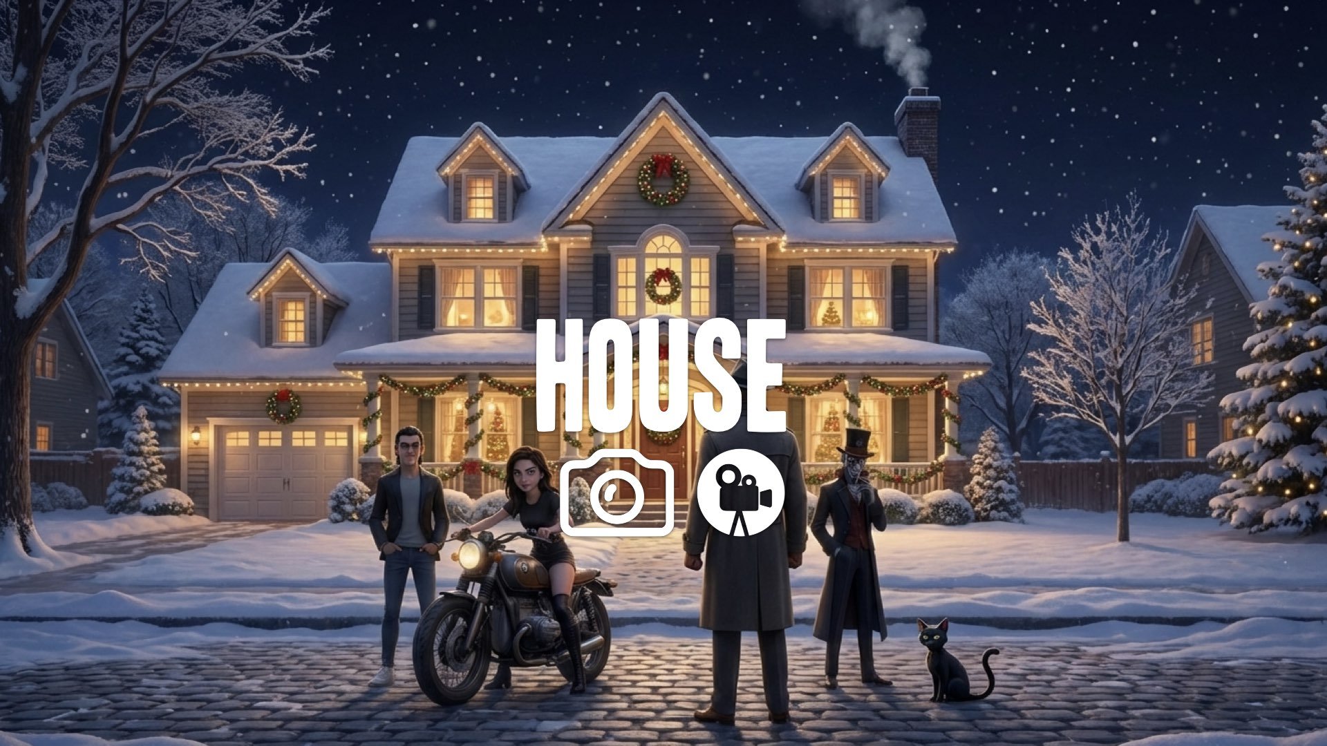 Nostalgic wide shot of a large, beautiful suburban house illuminated warmly against a snowy, dark night sky. Christmas comfort, no music.