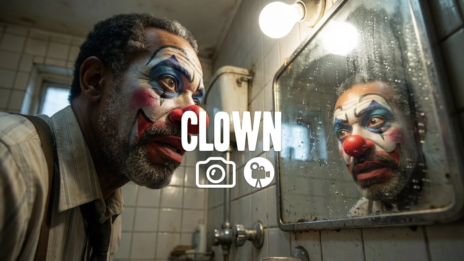 Low-angle close-up of a masked face with exaggerated makeup, looking into a bathroom mirror. Comedic disguise, bright light, no music.