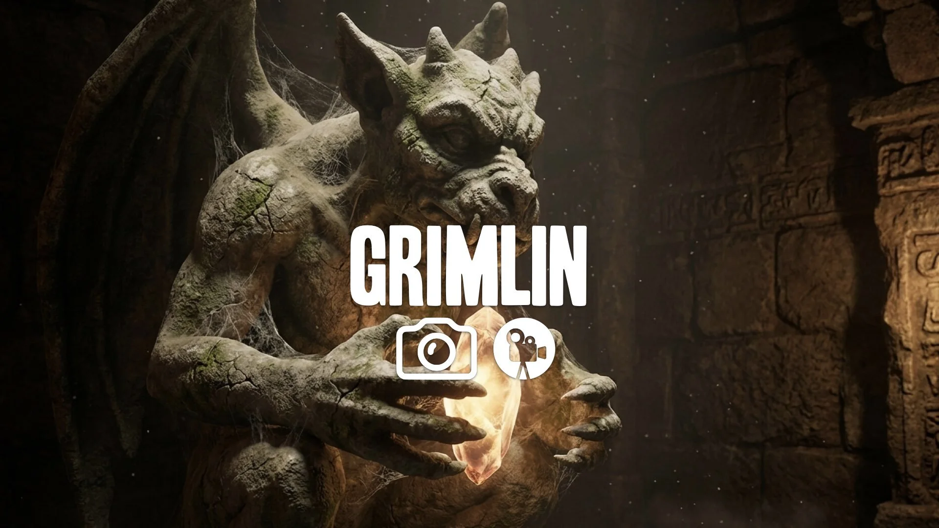 Close-up of an ancient, ornate stone creature in a deep, dusty underground chamber, guarding a glowing object. Mystery, no music.