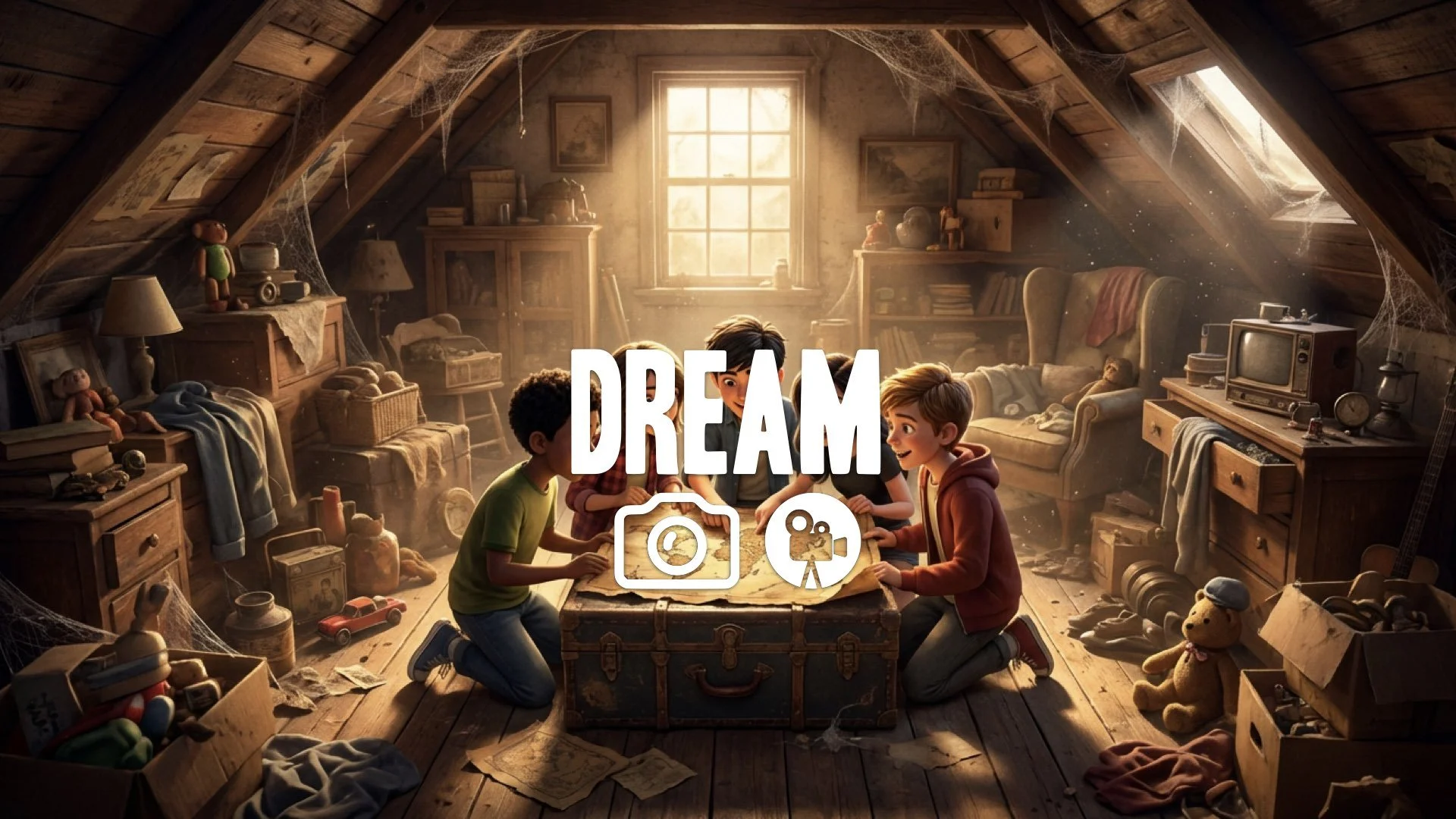 Wide shot of a gang of kids following a treasure map through a large, messy, cluttered attic. Nostalgic adventure, warm light, no music.