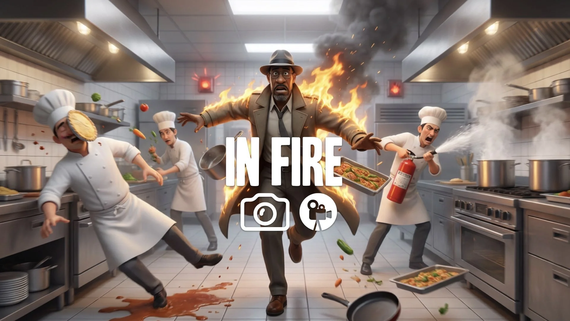 Handheld tracking shot following a character running frantically through a hotel kitchen while on fire. Slapstick action, chaotic, no music.