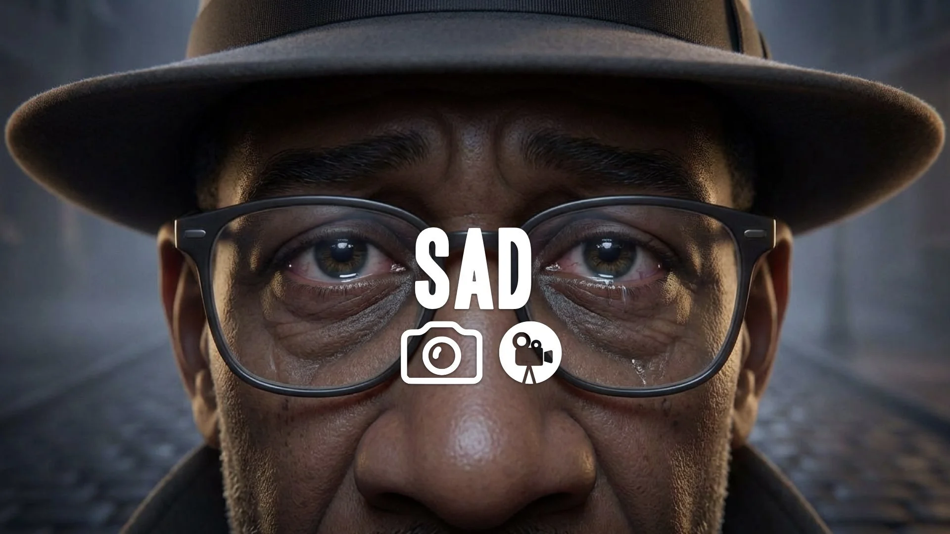 Close-up of a character's weary, sad eyes behind the disguise, conveying deep, inner emotional conflict. Soft drama, no music.