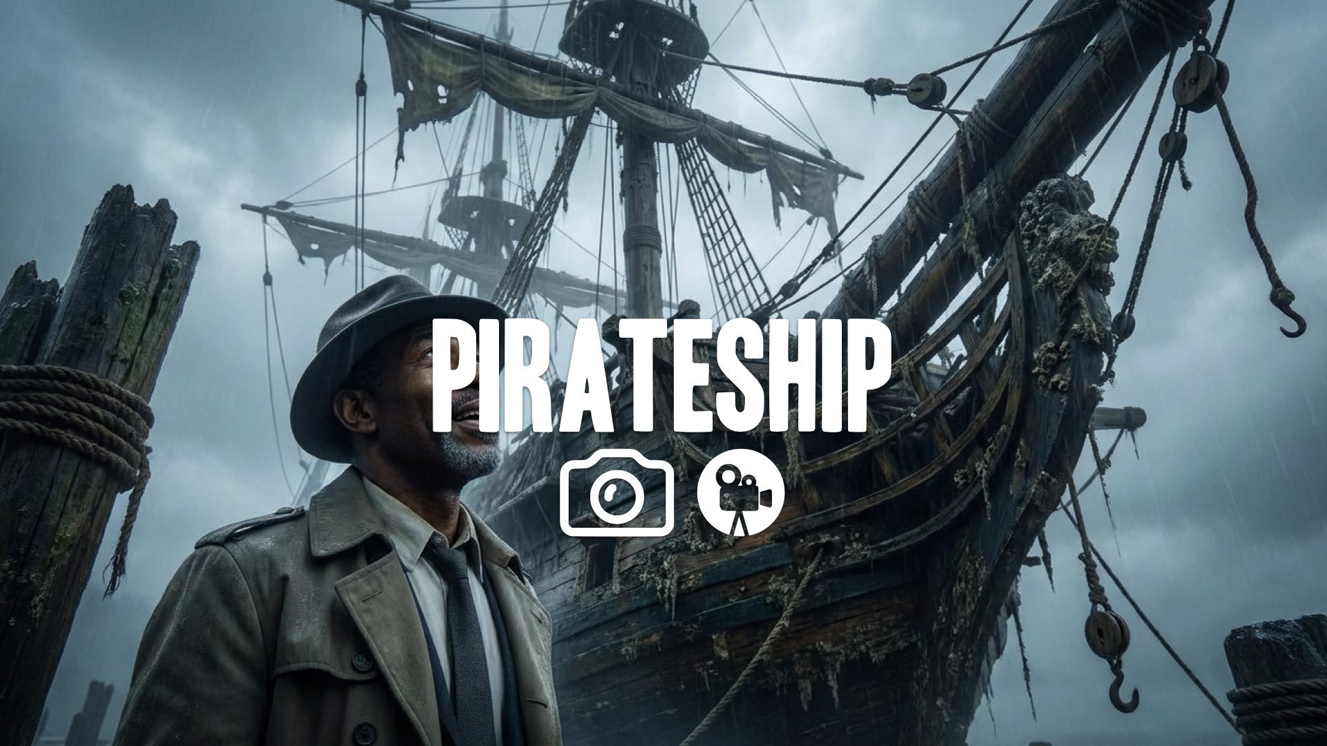 Dramatic low-angle shot of a character looking up at a massive, ancient, water-damaged pirate ship mast. Excitement, awe, no music.