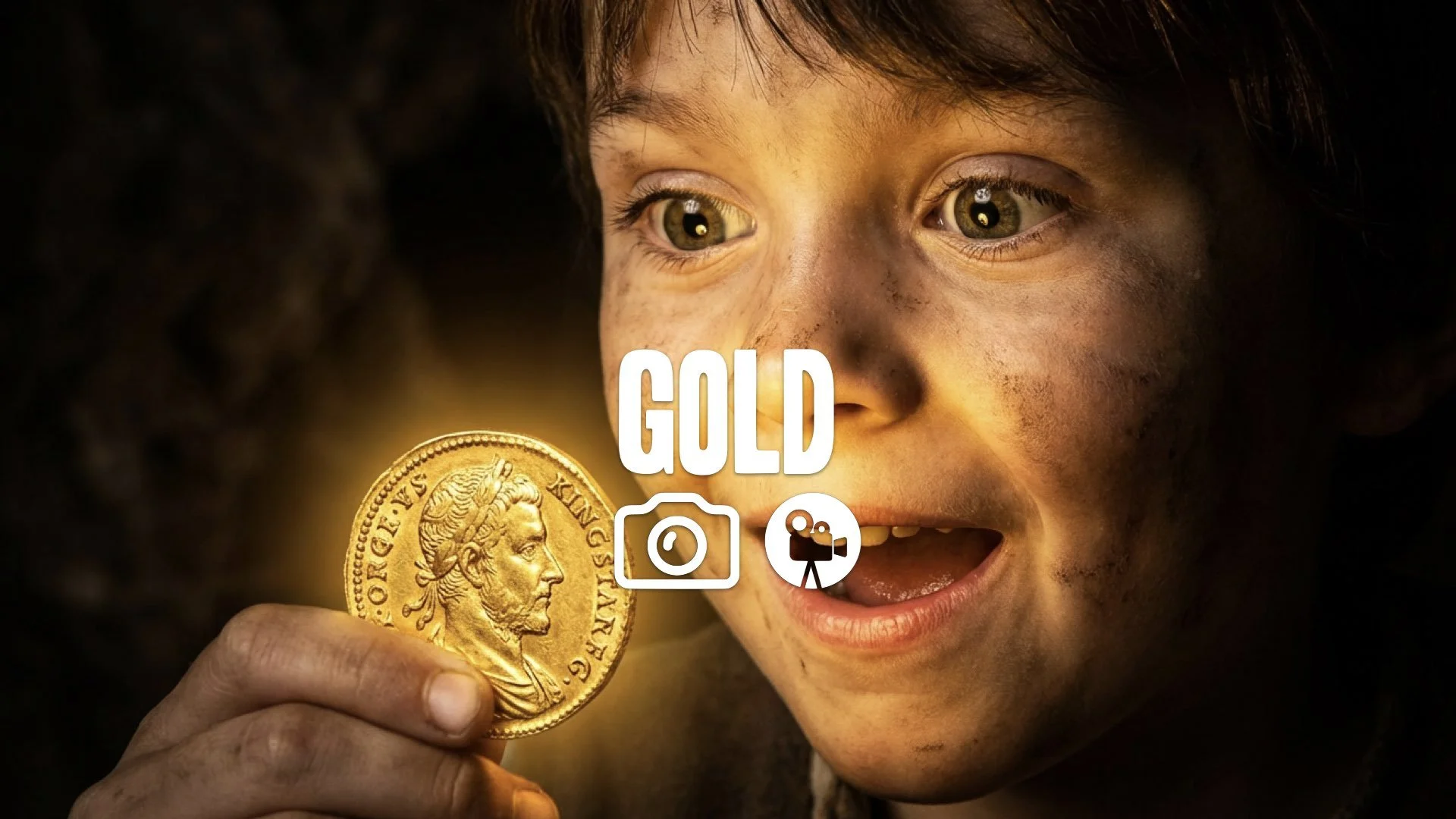 Close-up of an excited child's face, illuminated by a single, powerful gold coin in the dark. Discovery, treasure light, no music.