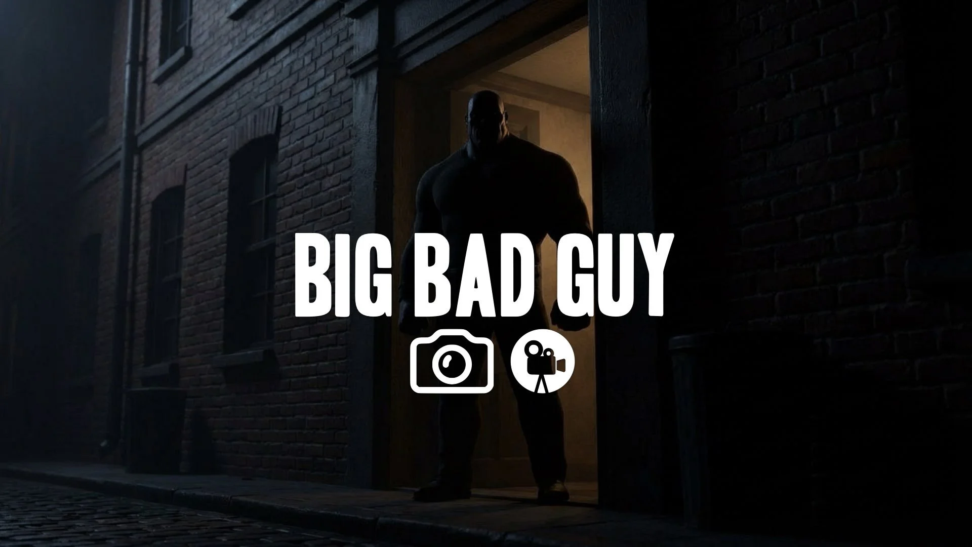 Quick zoom into the menacing, dark silhouette of a large, muscular character standing in a doorway. Threatening, low key, no music.