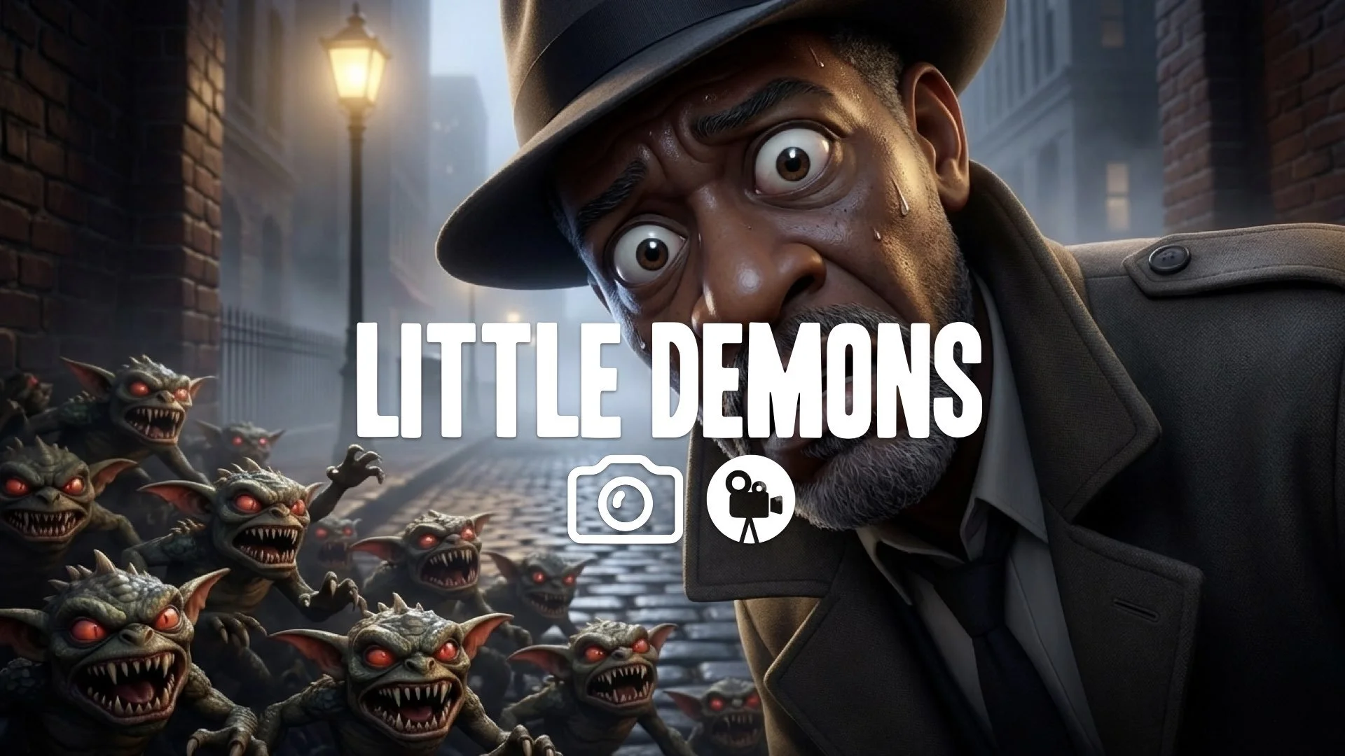 Extreme close-up of a character looking at a horde of small, scaly, sharp-toothed monsters emerging from shadows. Horror comedy, no music.