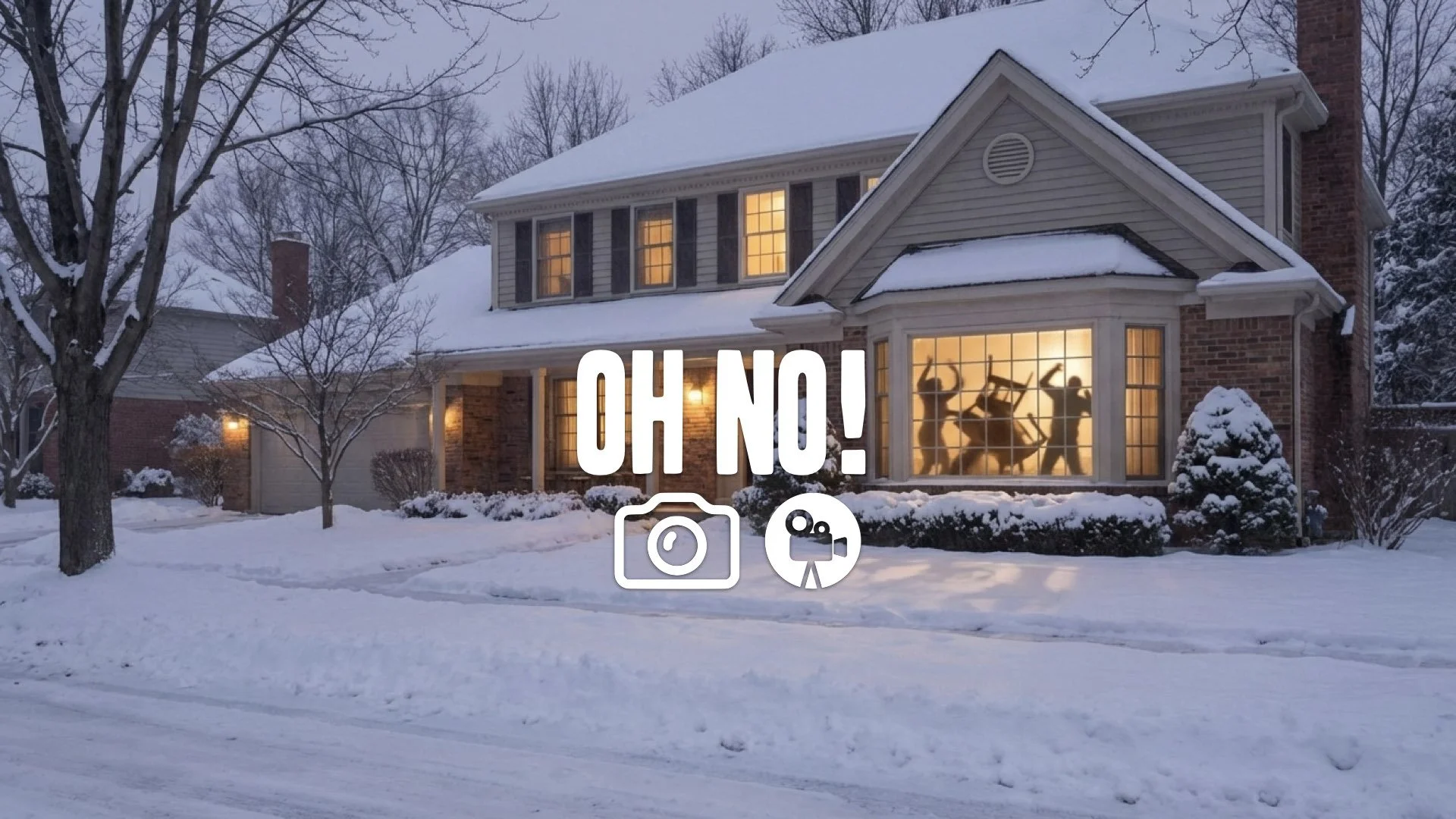 Soft, snowy street view of a suburban house where something chaotic is happening inside, shadows visible through the window. Eerie, no music.