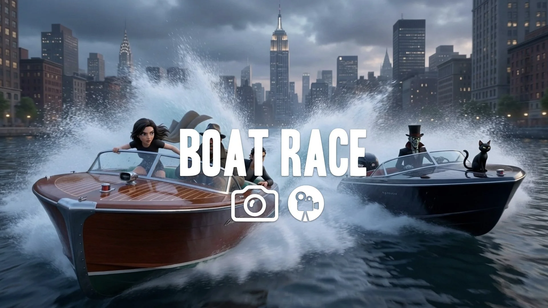 A fast, frantic speedboat chase across open ocean waves. Water splashes, extreme action. No music