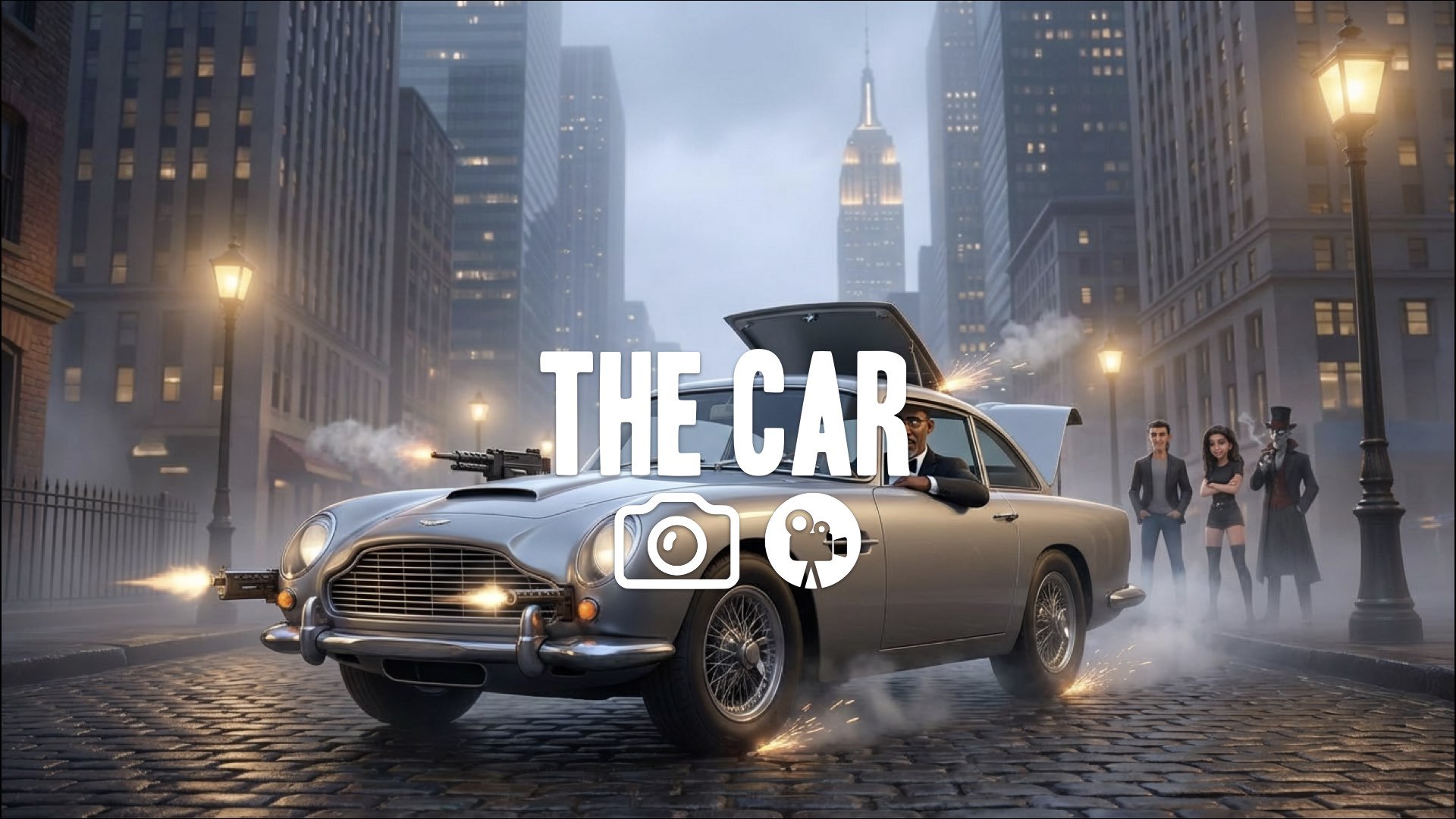 A spy's iconic silver sports car, gadget-laden, speeds down a winding road. High-tech vehicle. No music