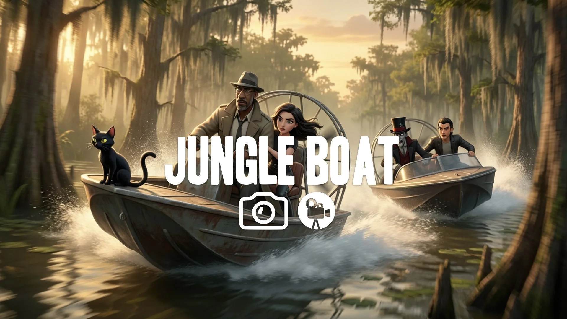 An intense boat chase through Louisiana bayou. Fast and frantic. No music