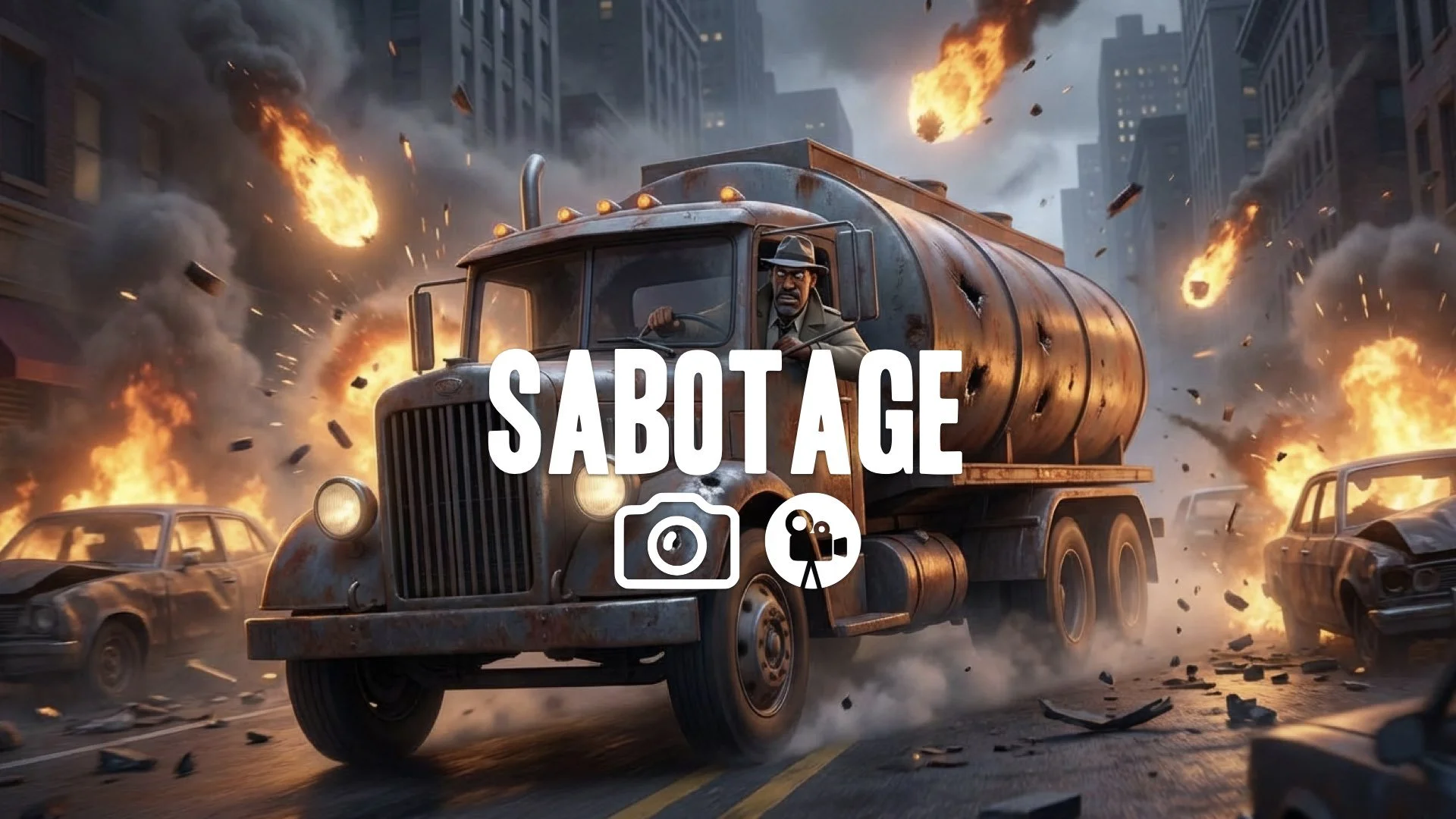 Agent pilots a tanker truck in a chaotic final chase. High octane scene, Explosive action. No music