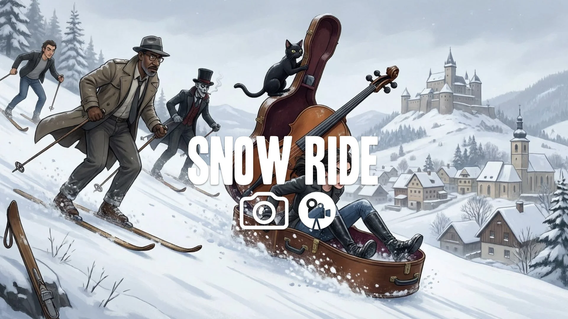 A classic ski chase in Czechoslovakia, using a cello case as a sled. No music