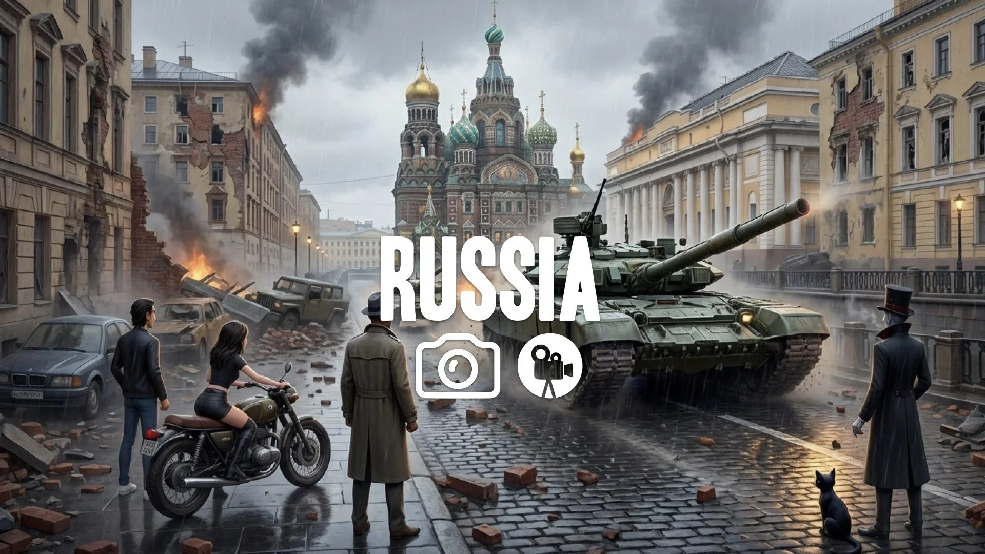 A tank chase through the streets of St. Petersburg. Urban destruction. No music