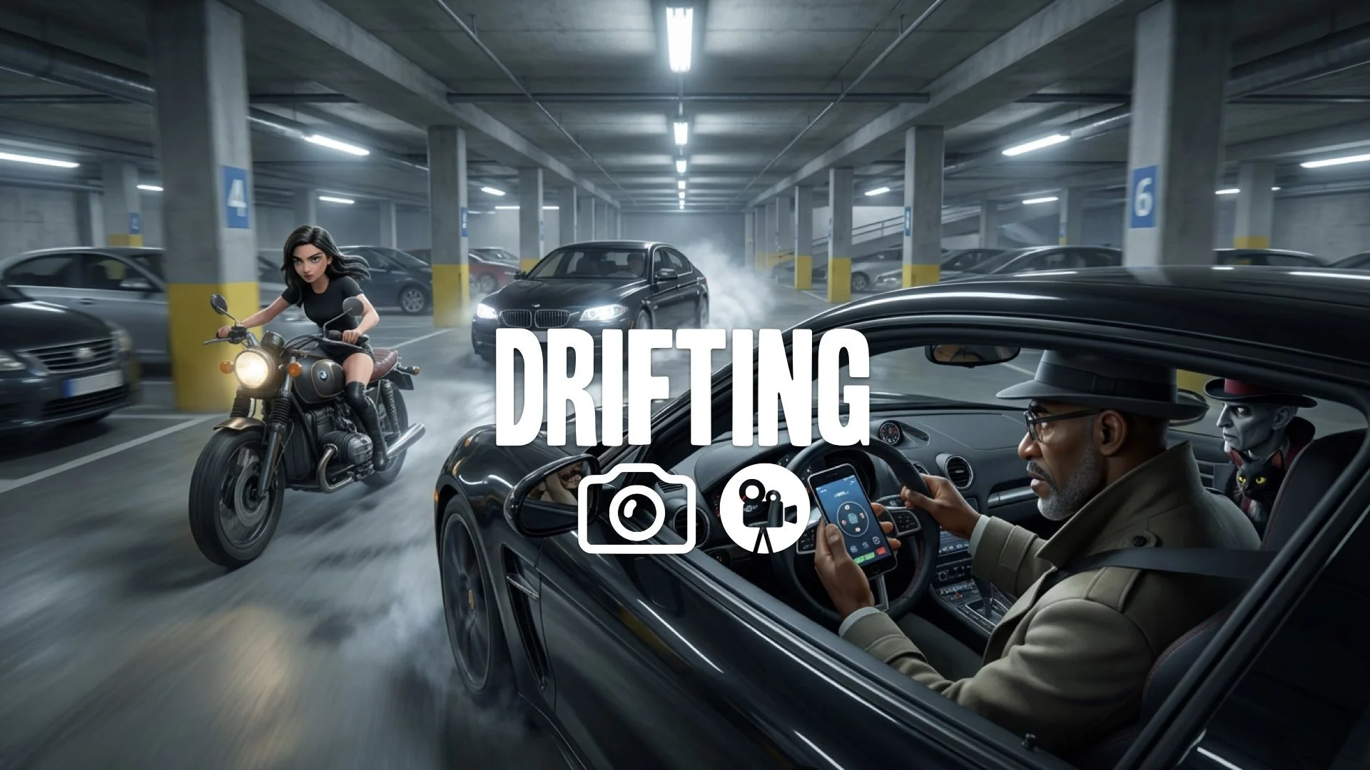 A car chase in a parking garage controlled by Bond's phone. Remote control. No music