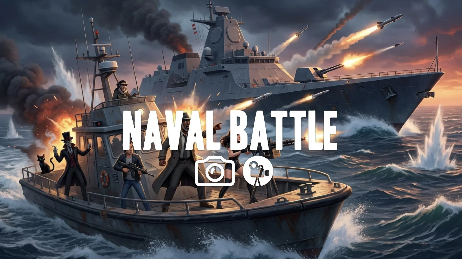 A stealth frigate is used for the villain's final assault. Naval action. No music