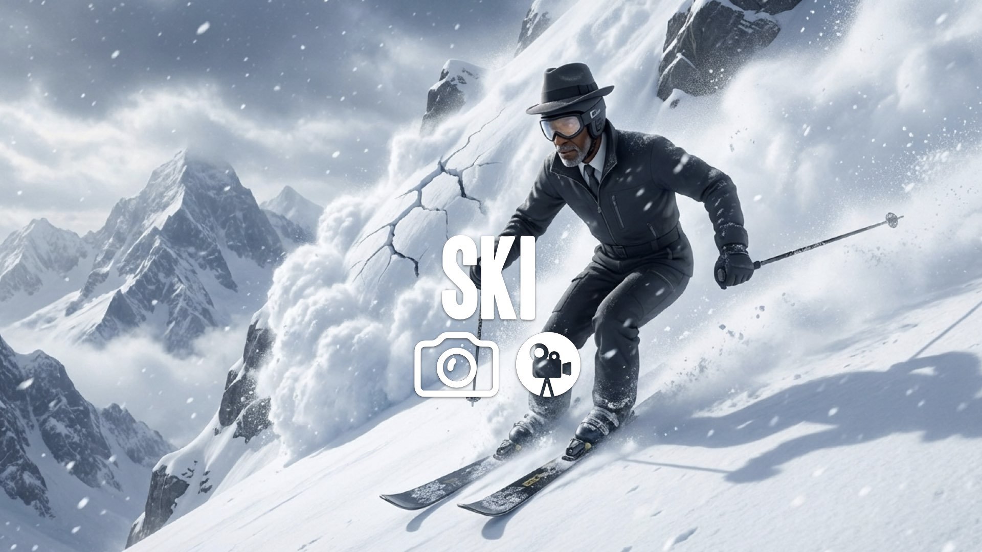 Agent skis down an avalanche-prone slope. Winter sports action. No music